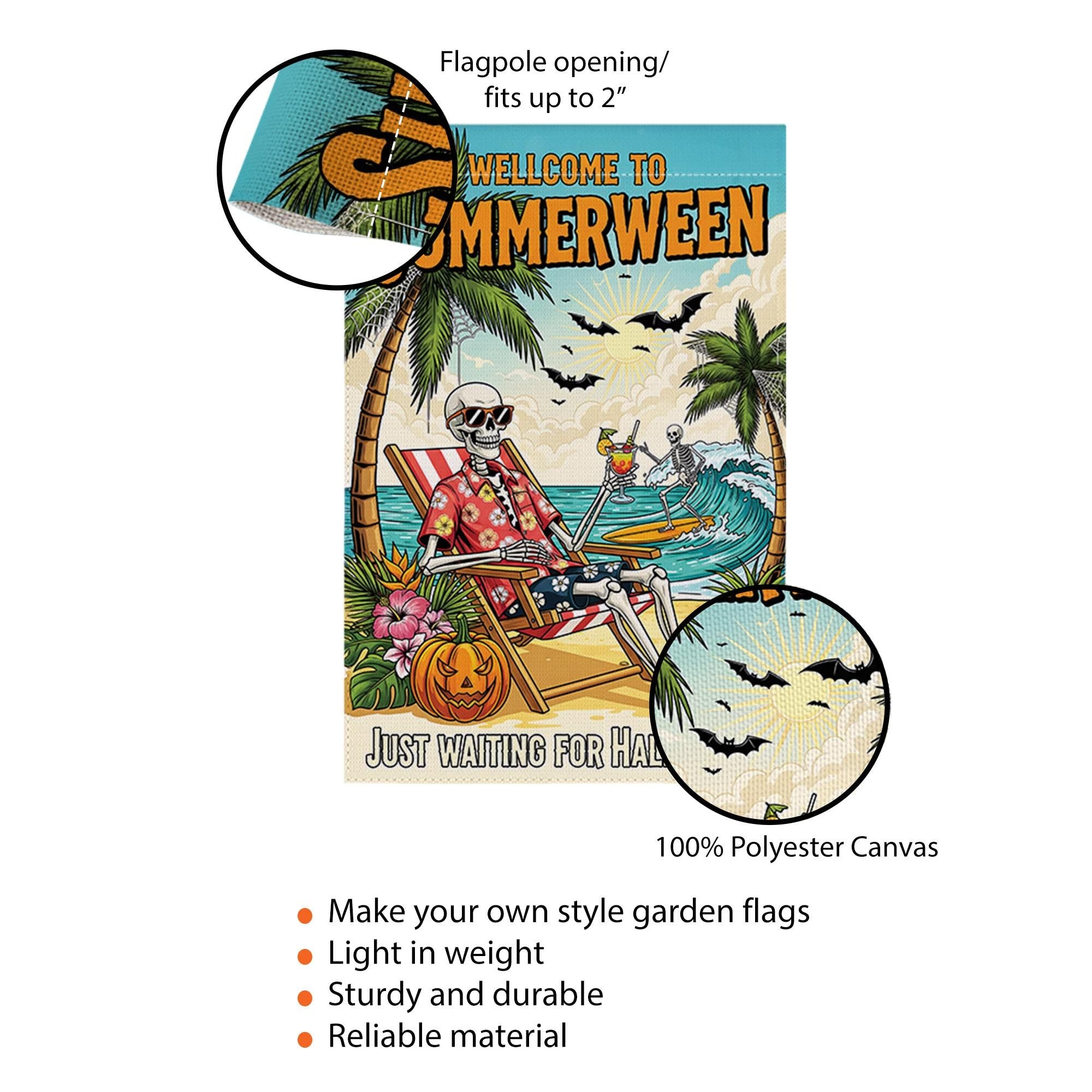 Summerween Garden Flag, Skeleton Beach Decor, Funny Halloween in July Banner, Spooky Tropical Yard Art, Waiting for Halloween Gift
