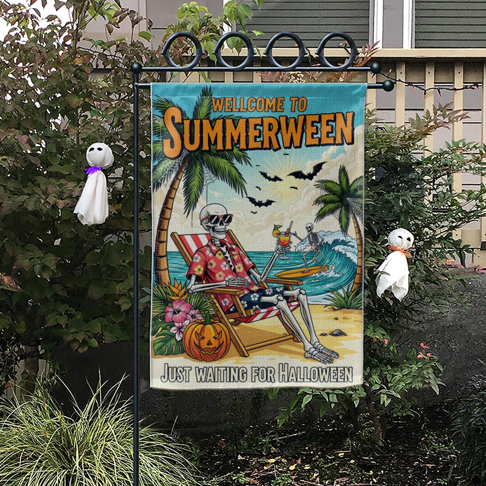 Summerween Garden Flag, Skeleton Beach Decor, Funny Halloween in July Banner, Spooky Tropical Yard Art, Waiting for Halloween Gift