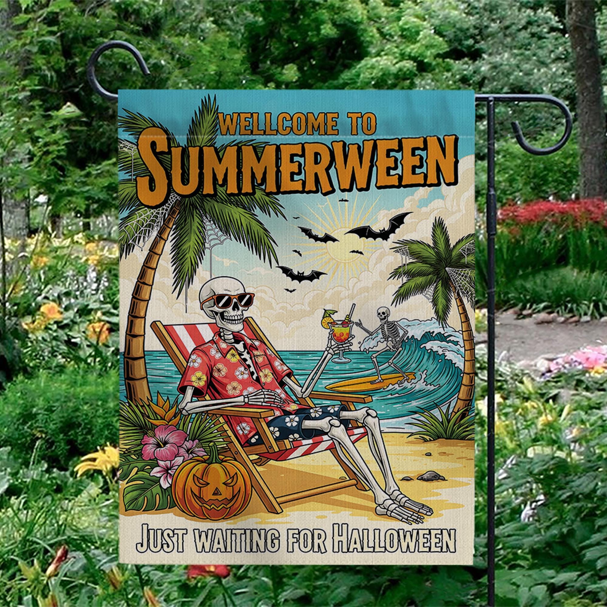 Summerween Garden Flag, Skeleton Beach Decor, Funny Halloween in July Banner, Spooky Tropical Yard Art, Waiting for Halloween Gift