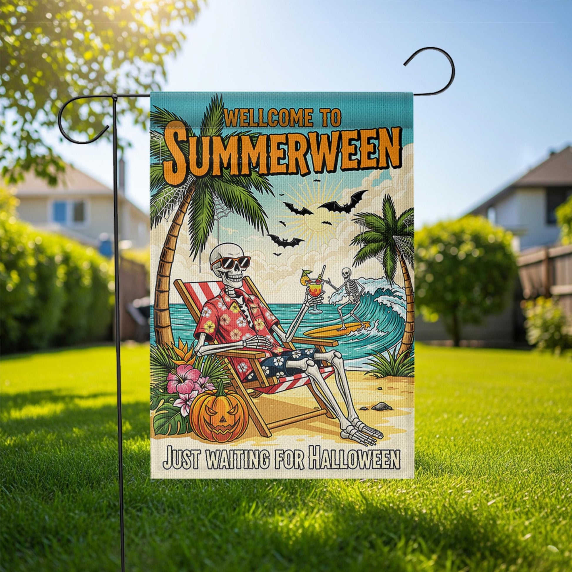 Summerween Garden Flag, Skeleton Beach Decor, Funny Halloween in July Banner, Spooky Tropical Yard Art, Waiting for Halloween Gift