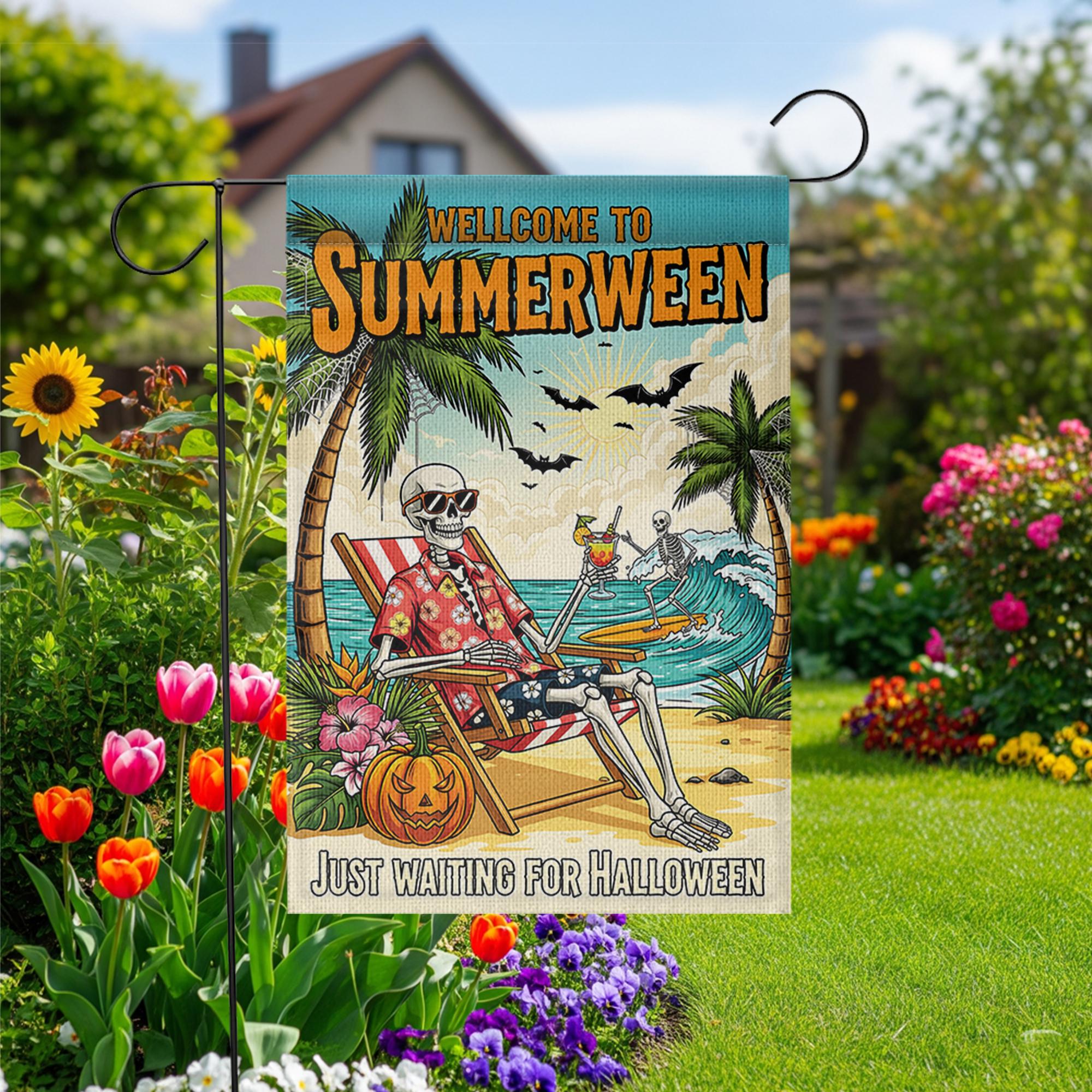 Summerween Garden Flag, Skeleton Beach Decor, Funny Halloween in July Banner, Spooky Tropical Yard Art, Waiting for Halloween Gift