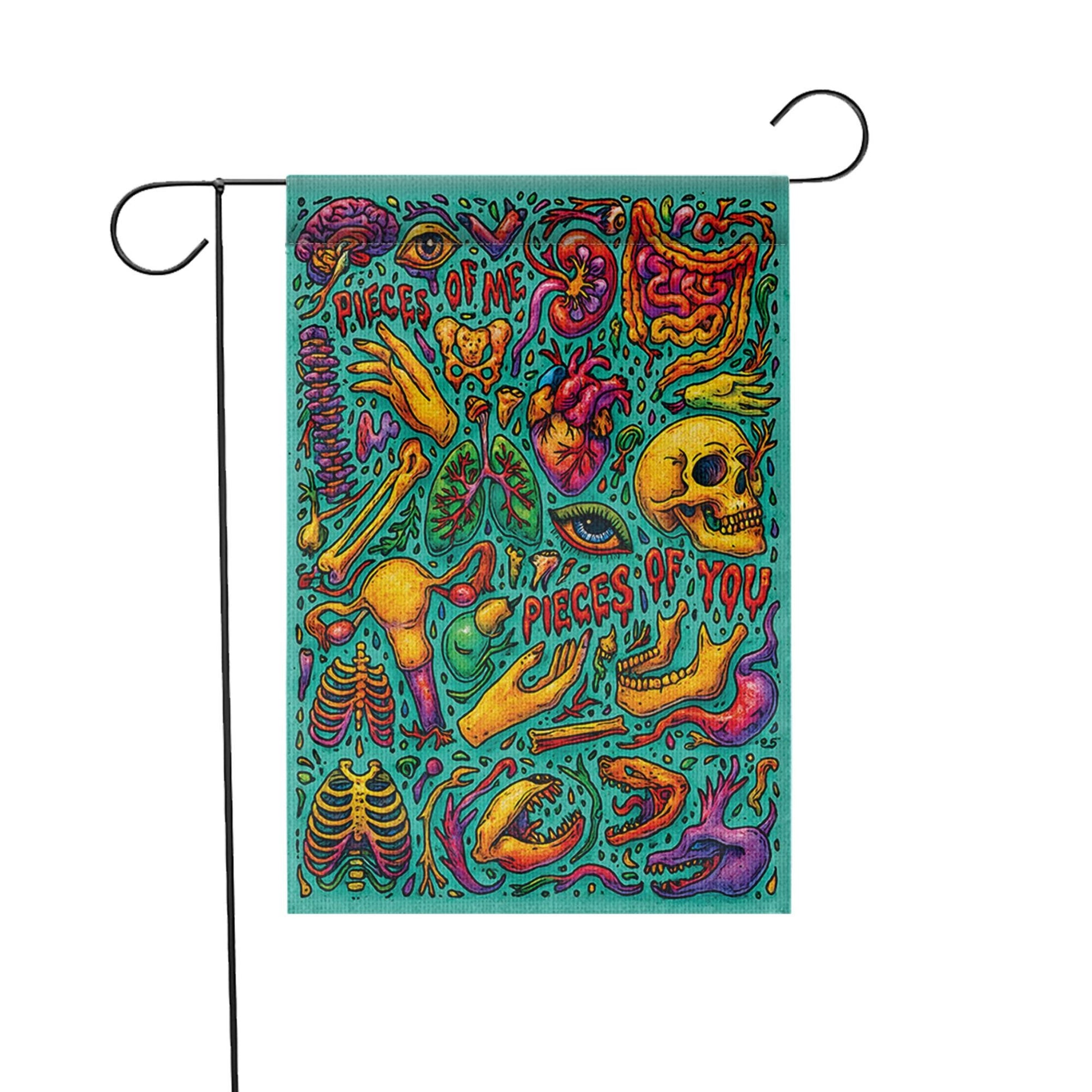 Psychedelic Anatomy Halloween Flag, Macabre Skull & Heart Garden Decor, Trippy Goth Horror Art, Spooky Medical Illustration Yard Banner