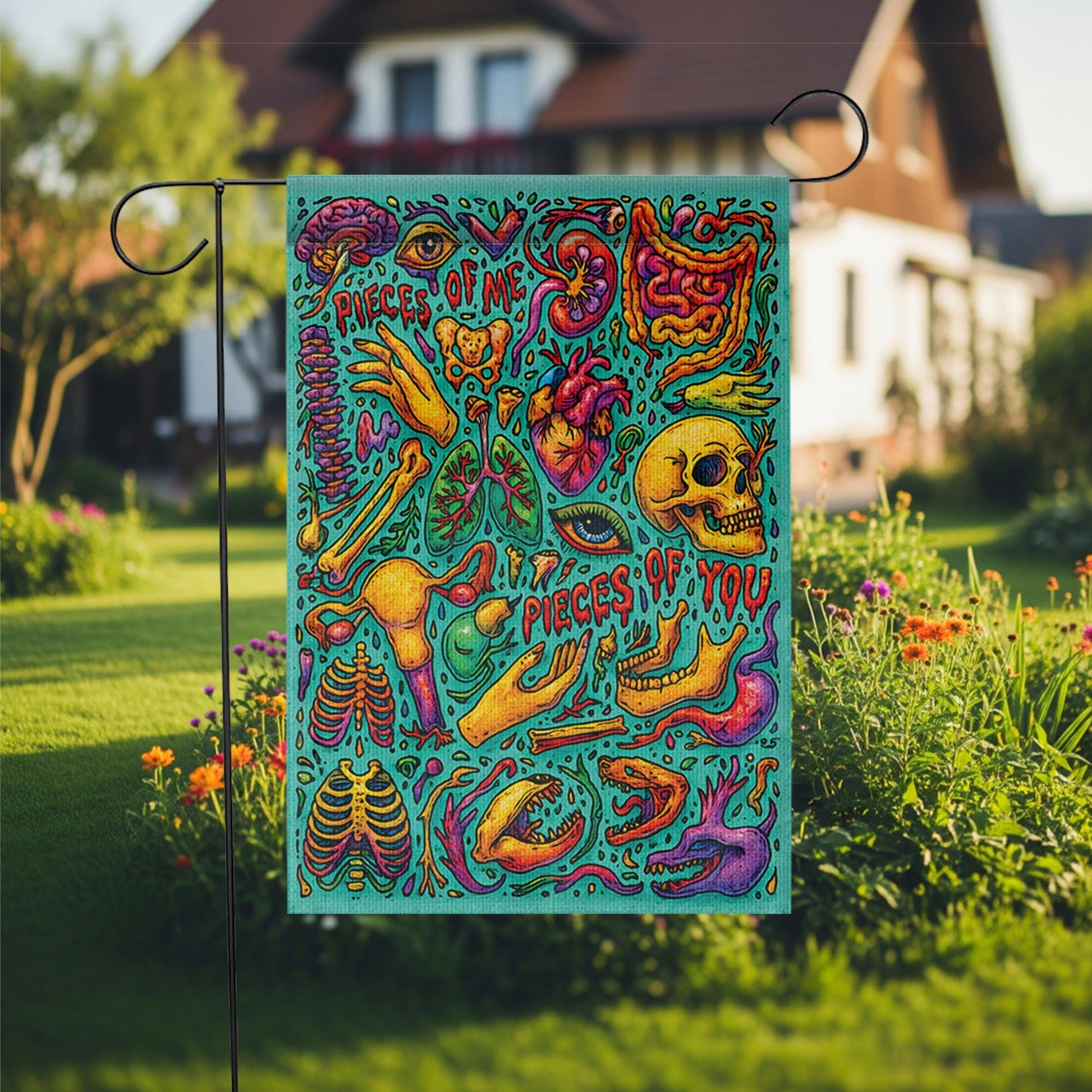 Psychedelic Anatomy Halloween Flag, Macabre Skull & Heart Garden Decor, Trippy Goth Horror Art, Spooky Medical Illustration Yard Banner