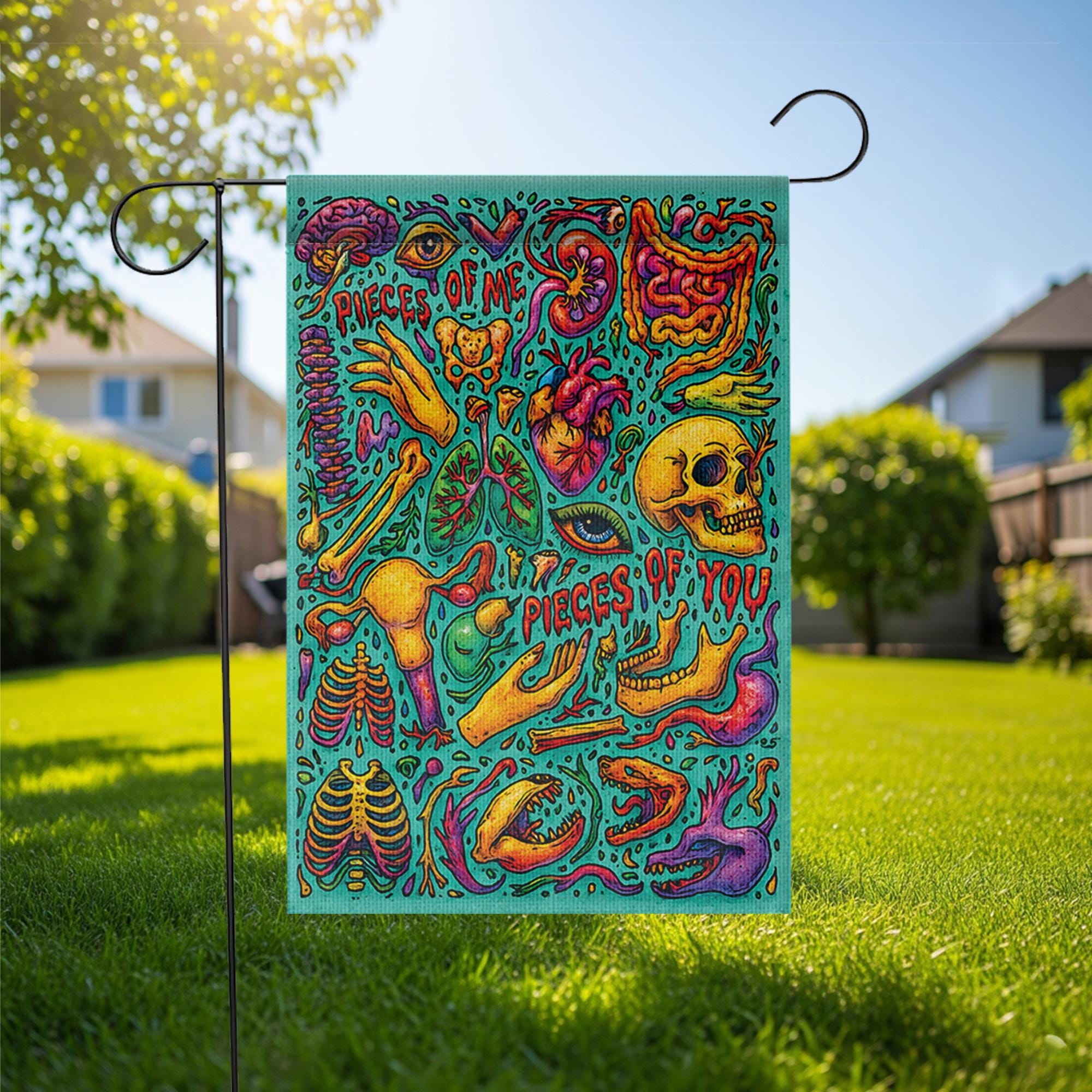 Psychedelic Anatomy Halloween Flag, Macabre Skull & Heart Garden Decor, Trippy Goth Horror Art, Spooky Medical Illustration Yard Banner