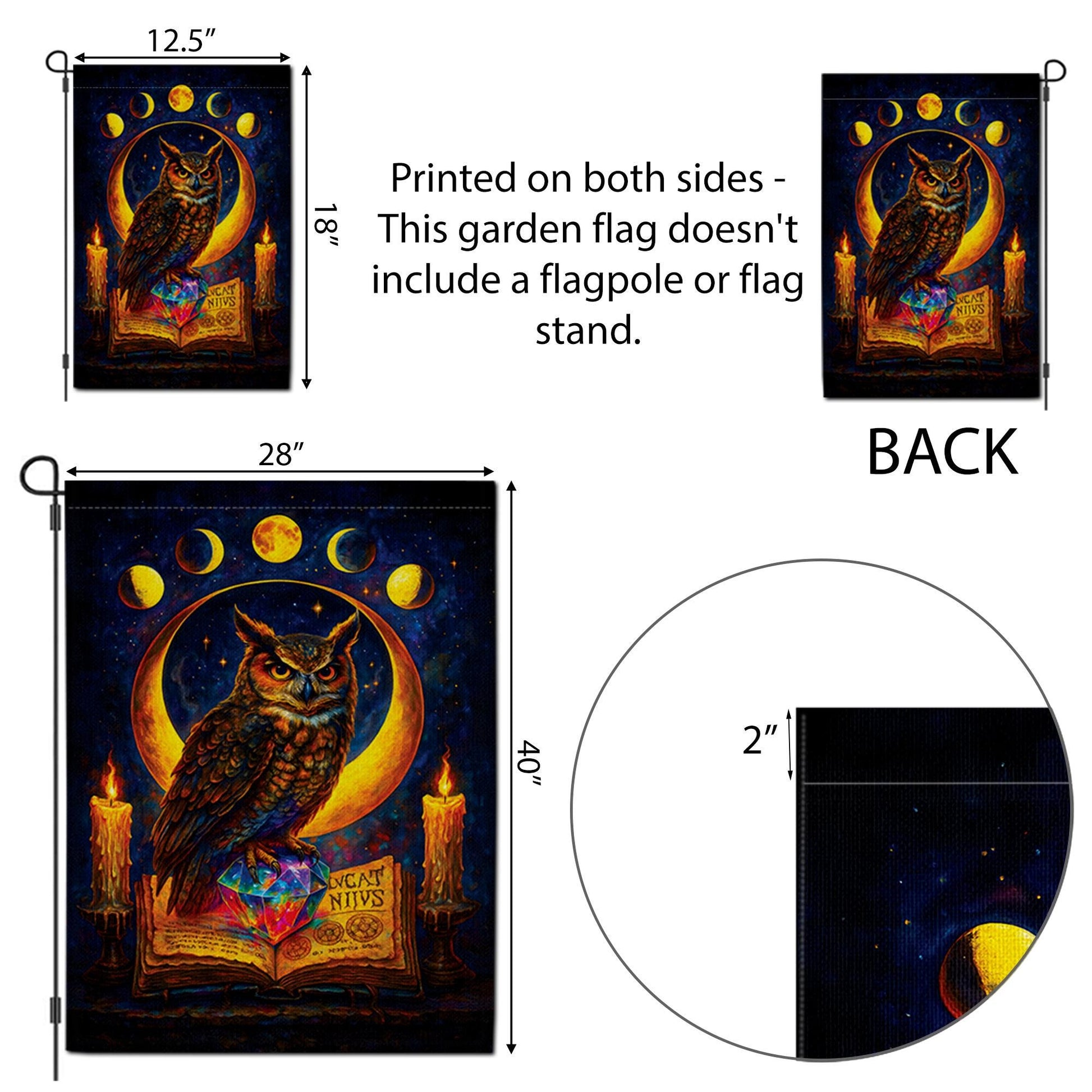 Witchy Owl Celestial Moon Phases Garden Flag, Wiccan Grimoire Magic Banner, Pagan Halloween Decor, Mystical Witchcraft Yard Art