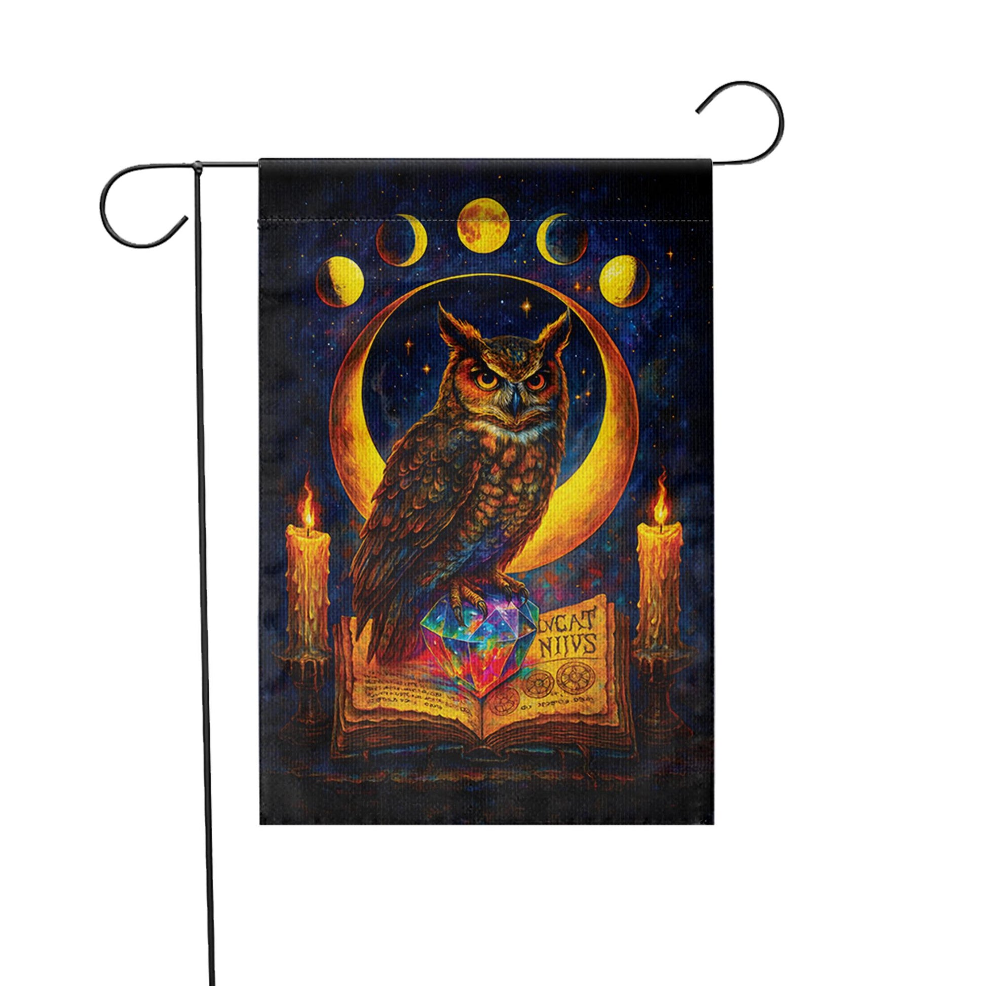 Witchy Owl Celestial Moon Phases Garden Flag, Wiccan Grimoire Magic Banner, Pagan Halloween Decor, Mystical Witchcraft Yard Art
