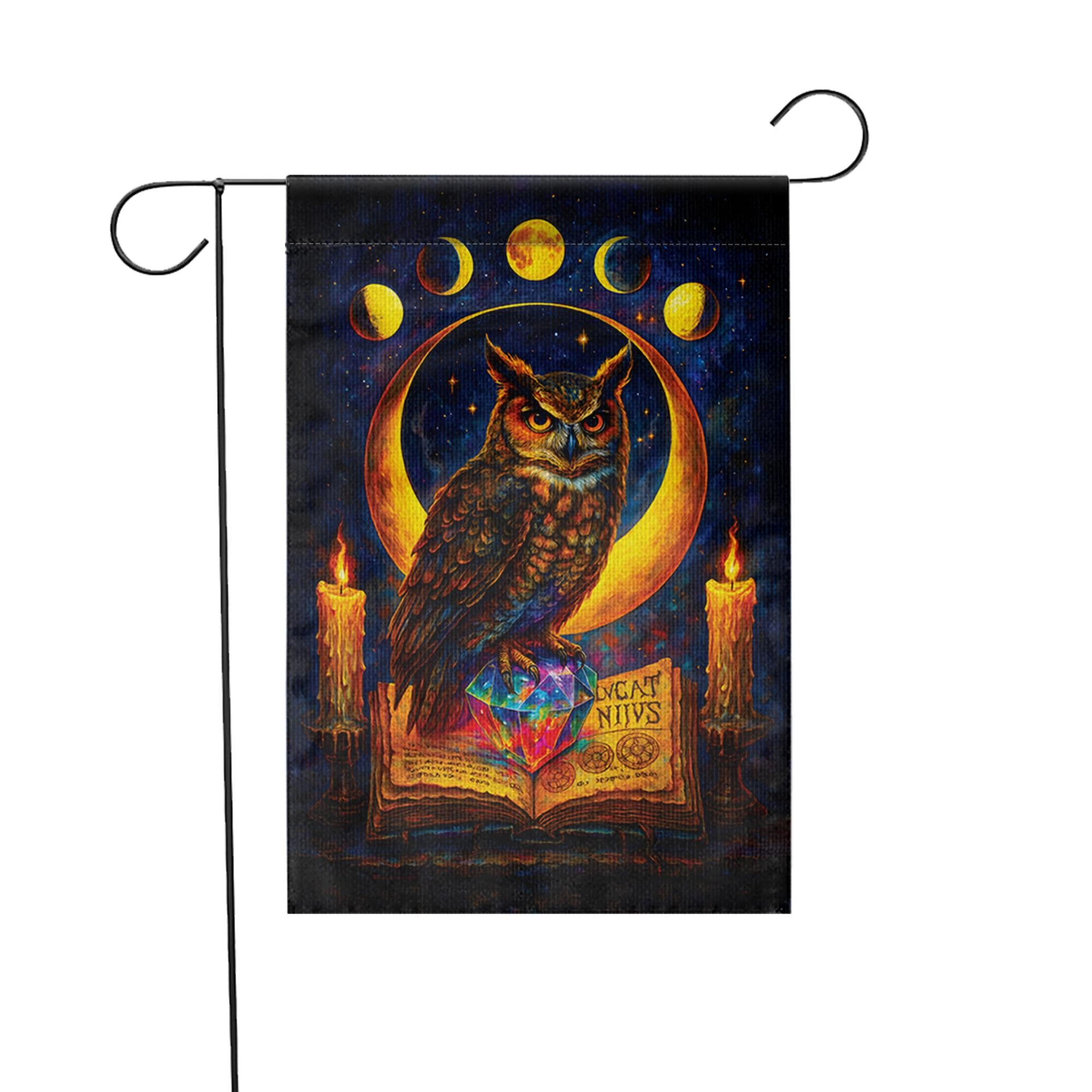 Witchy Owl Celestial Moon Phases Garden Flag, Wiccan Grimoire Magic Banner, Pagan Halloween Decor, Mystical Witchcraft Yard Art