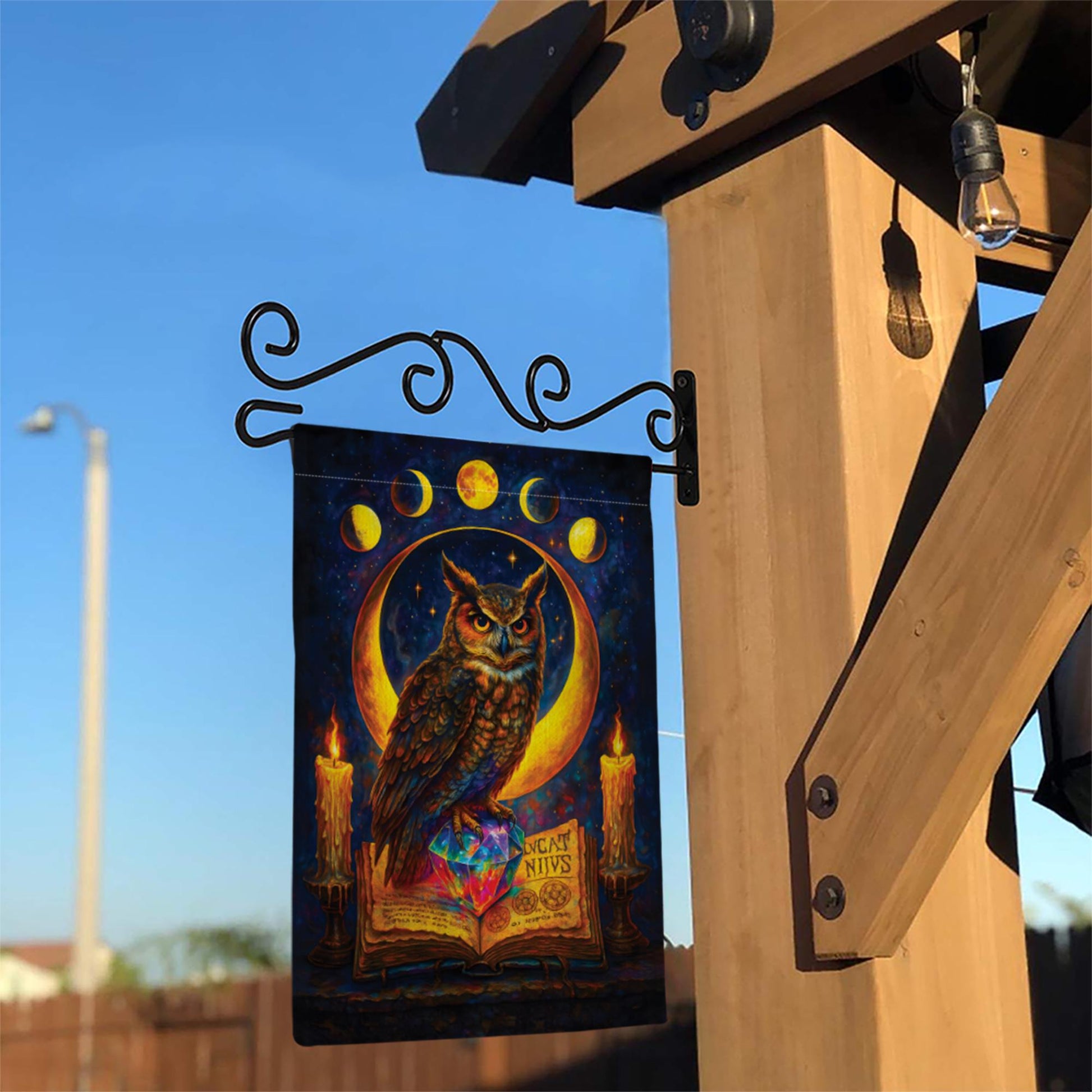 Witchy Owl Celestial Moon Phases Garden Flag, Wiccan Grimoire Magic Banner, Pagan Halloween Decor, Mystical Witchcraft Yard Art