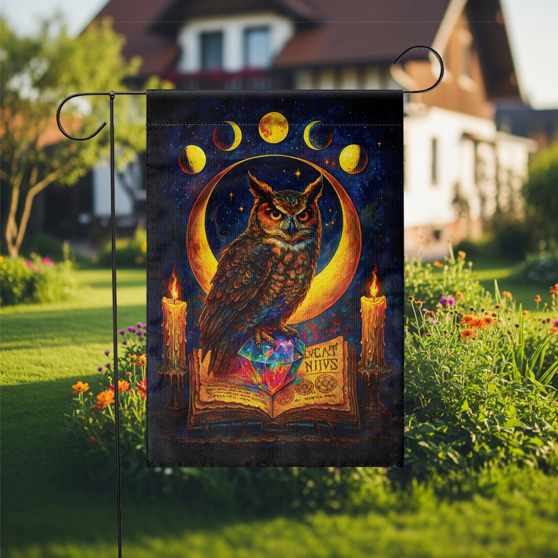 Witchy Owl Celestial Moon Phases Garden Flag, Wiccan Grimoire Magic Banner, Pagan Halloween Decor, Mystical Witchcraft Yard Art