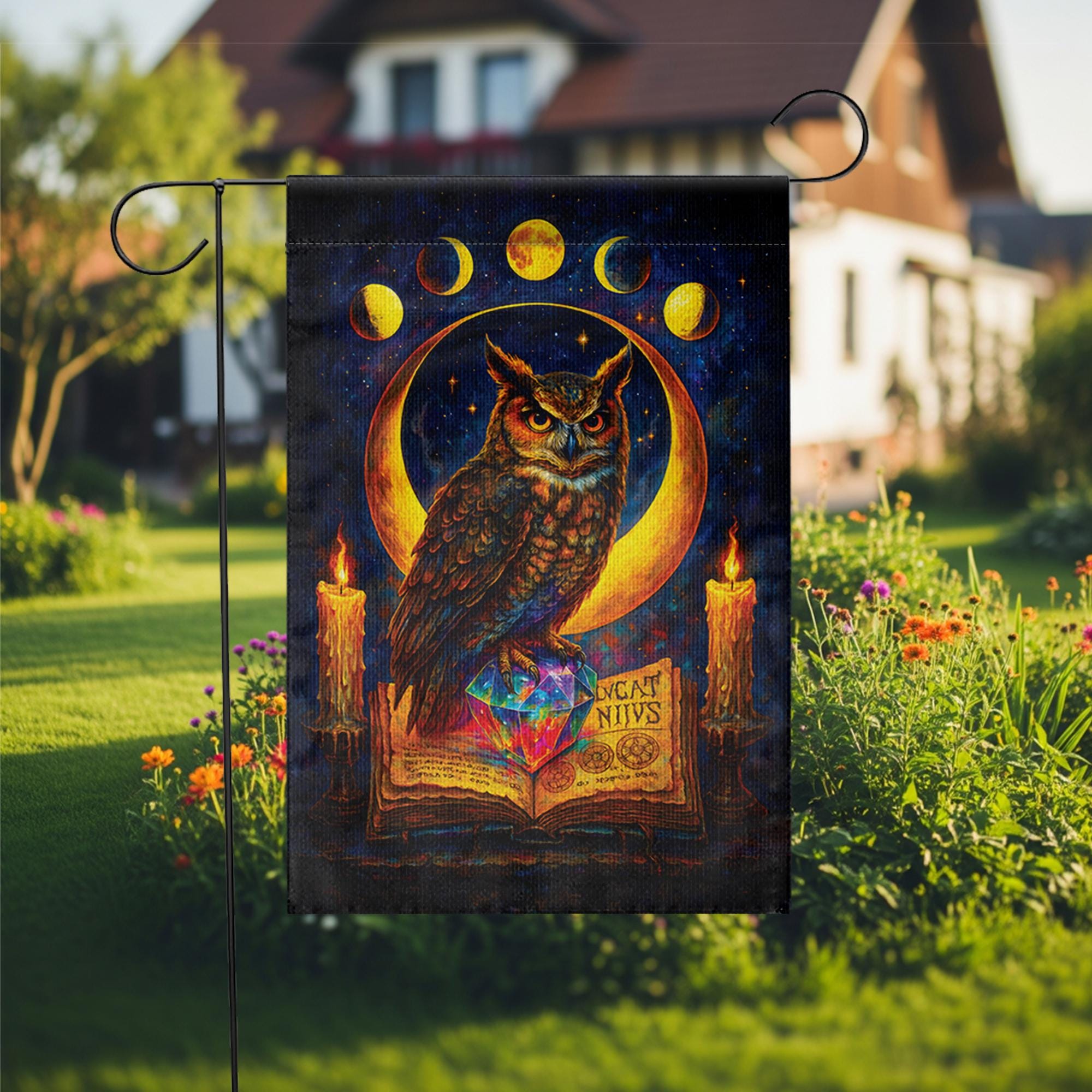 Witchy Owl Celestial Moon Phases Garden Flag, Wiccan Grimoire Magic Banner, Pagan Halloween Decor, Mystical Witchcraft Yard Art