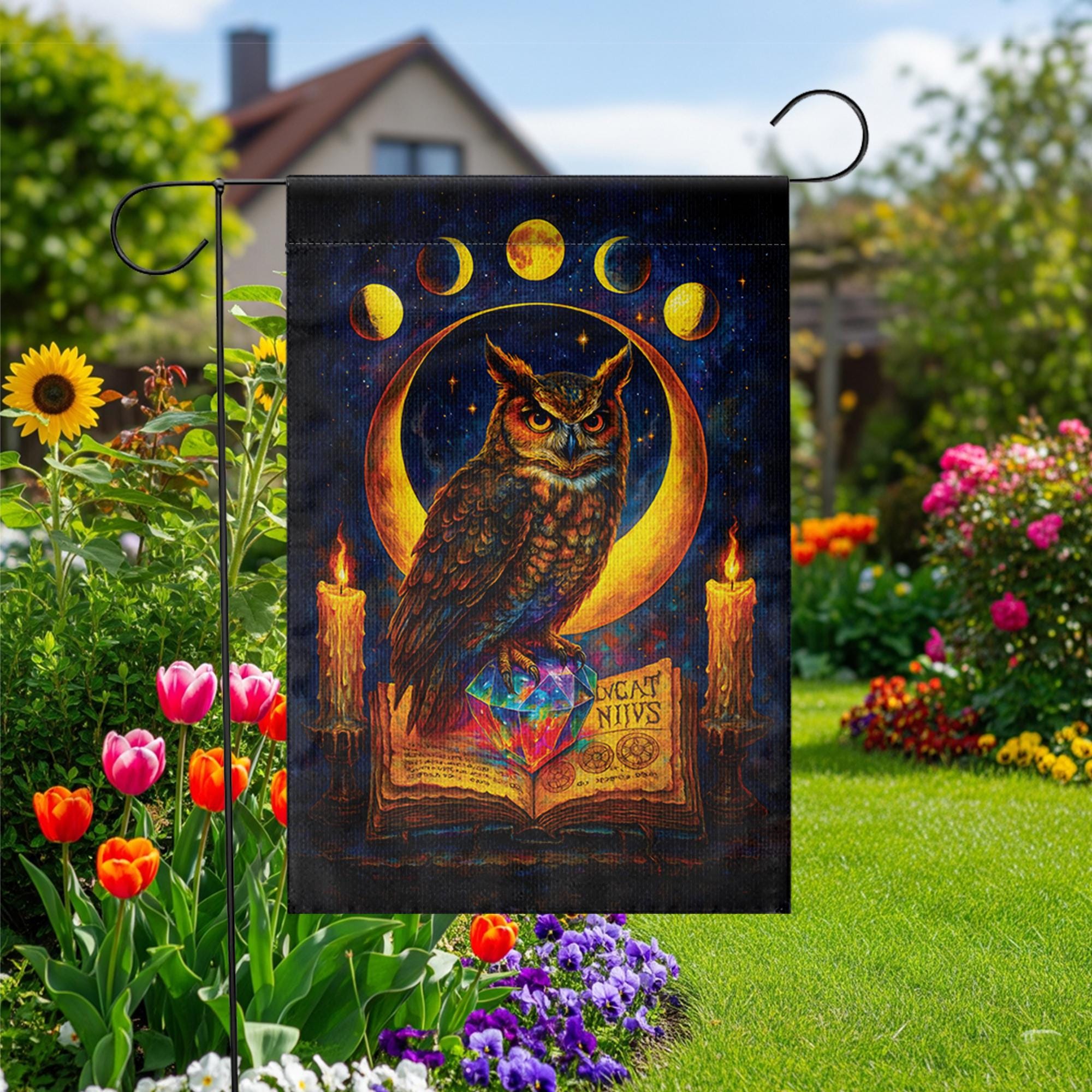 Witchy Owl Celestial Moon Phases Garden Flag, Wiccan Grimoire Magic Banner, Pagan Halloween Decor, Mystical Witchcraft Yard Art