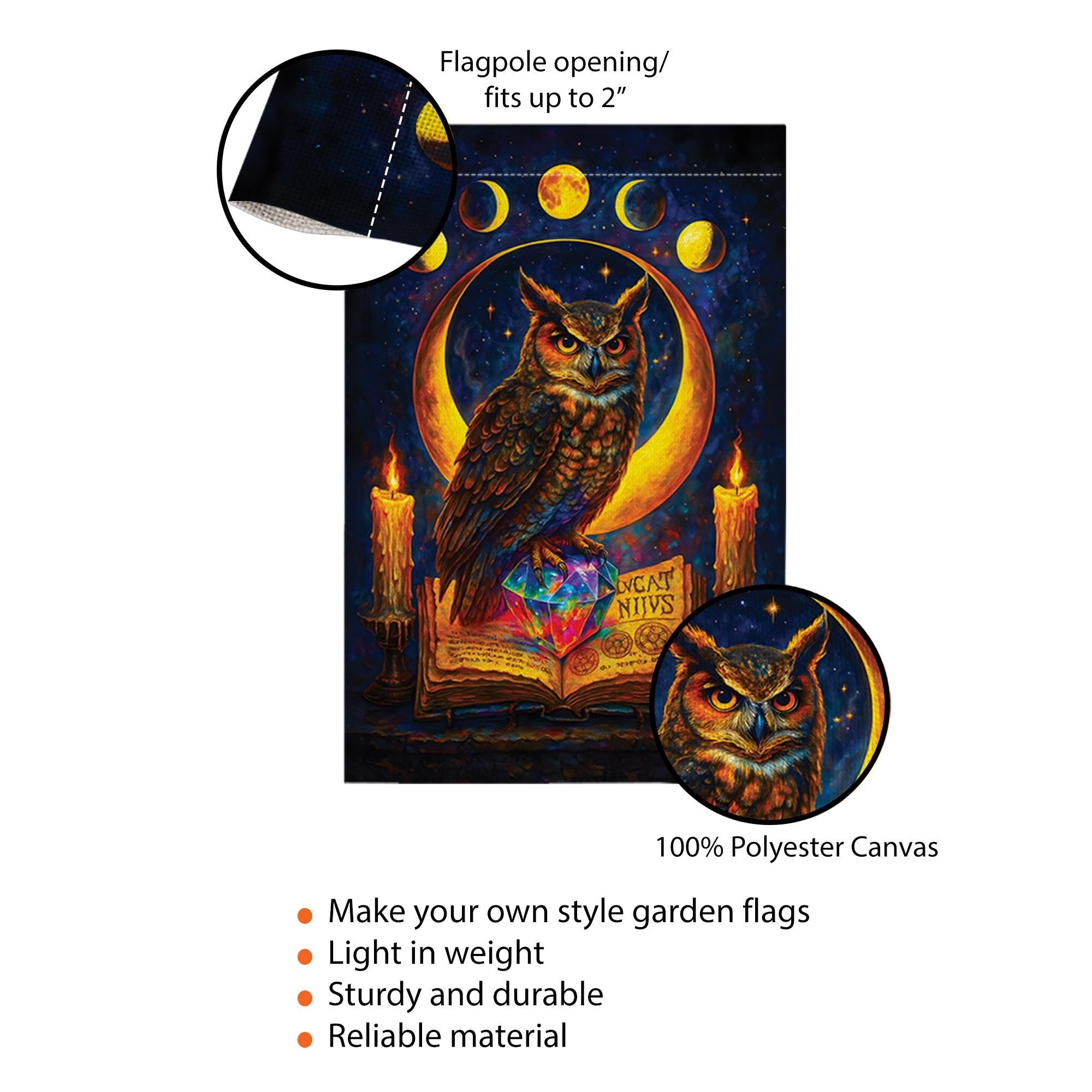 Witchy Owl Celestial Moon Phases Garden Flag, Wiccan Grimoire Magic Banner, Pagan Halloween Decor, Mystical Witchcraft Yard Art