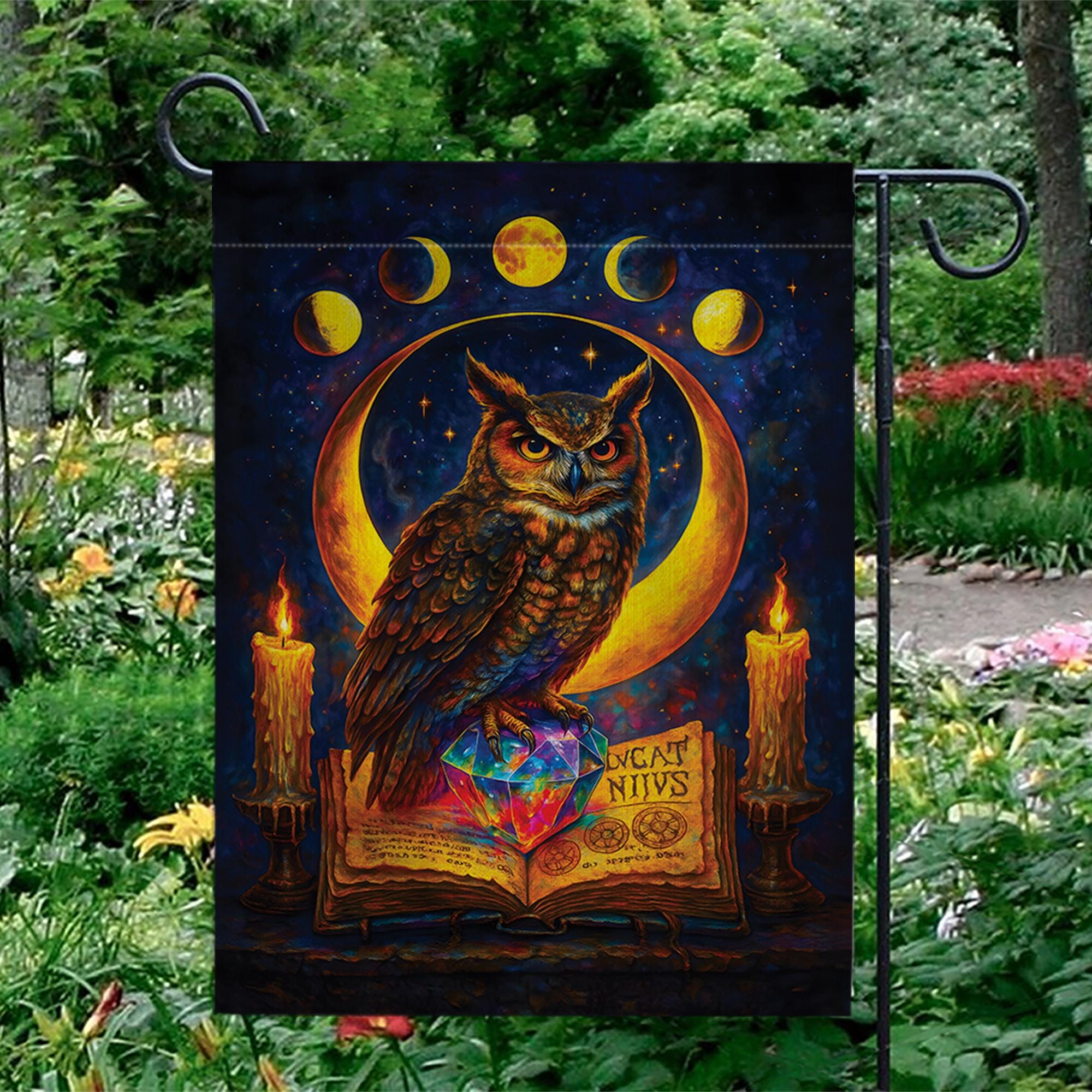 Witchy Owl Celestial Moon Phases Garden Flag, Wiccan Grimoire Magic Banner, Pagan Halloween Decor, Mystical Witchcraft Yard Art