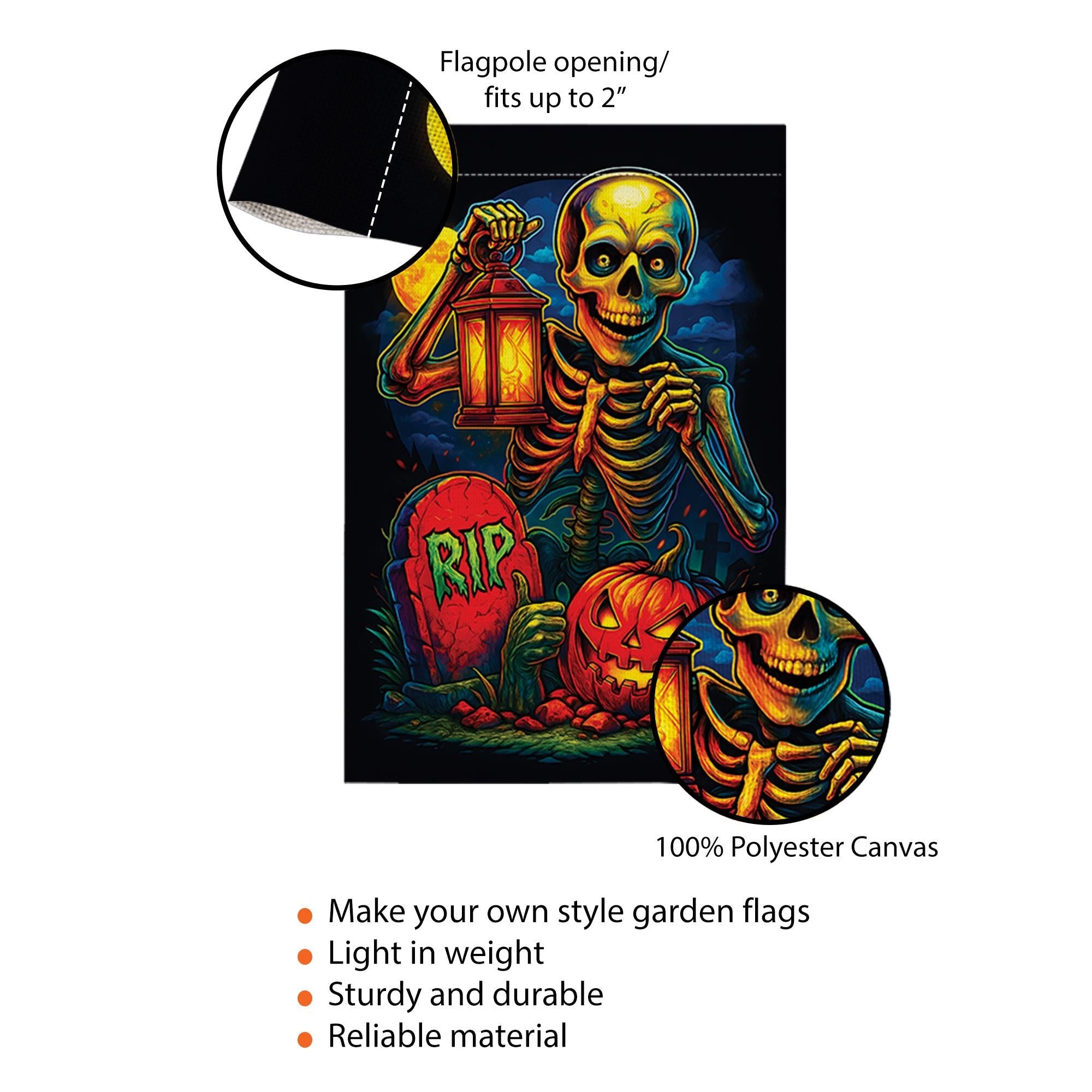 Spooky Skeleton & Pumpkin Garden Flag, Halloween Yard Decor, RIP Graveyard Jack o' Lantern, Colorful Outdoor Decoration for Porch Lawn
