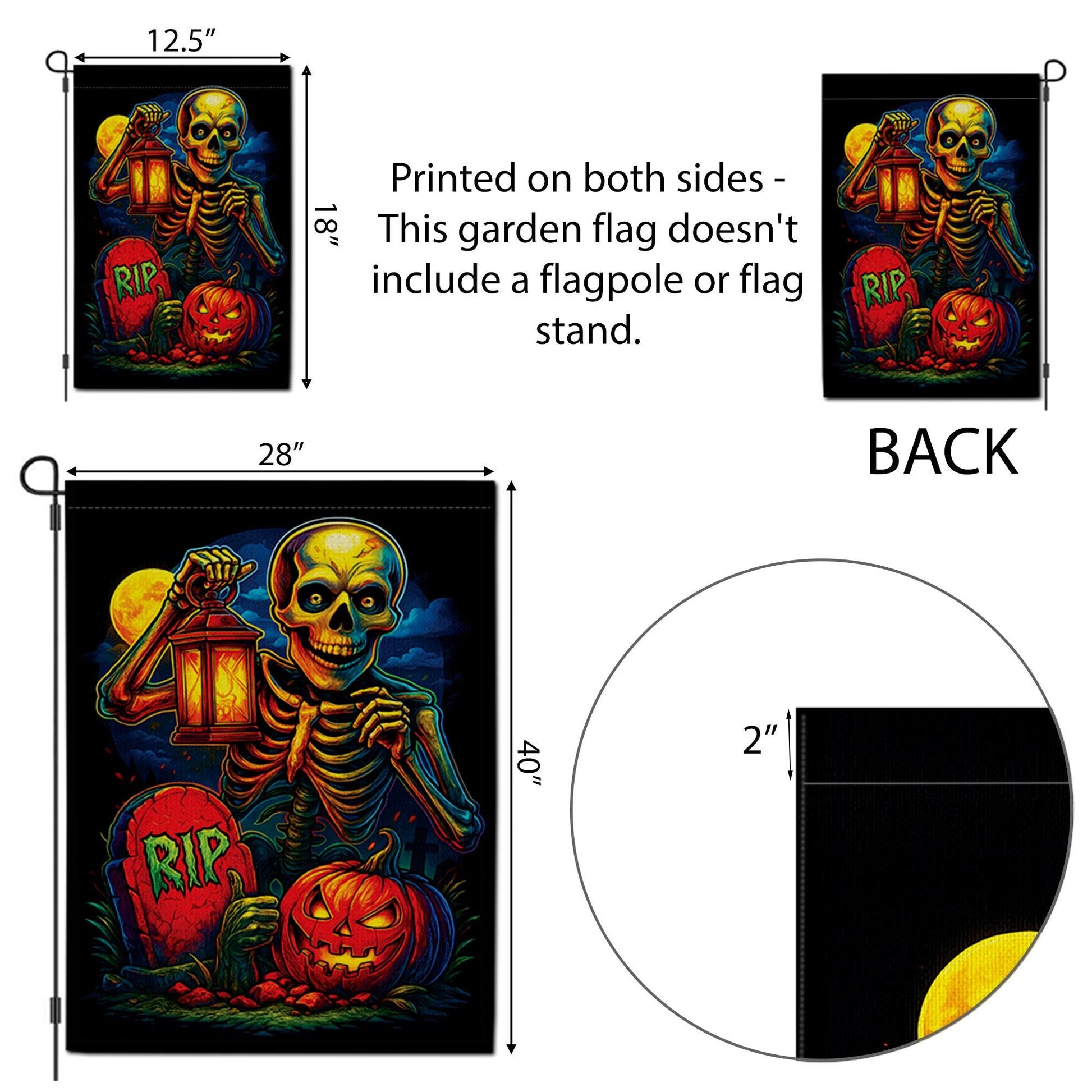Spooky Skeleton & Pumpkin Garden Flag, Halloween Yard Decor, RIP Graveyard Jack o' Lantern, Colorful Outdoor Decoration for Porch Lawn