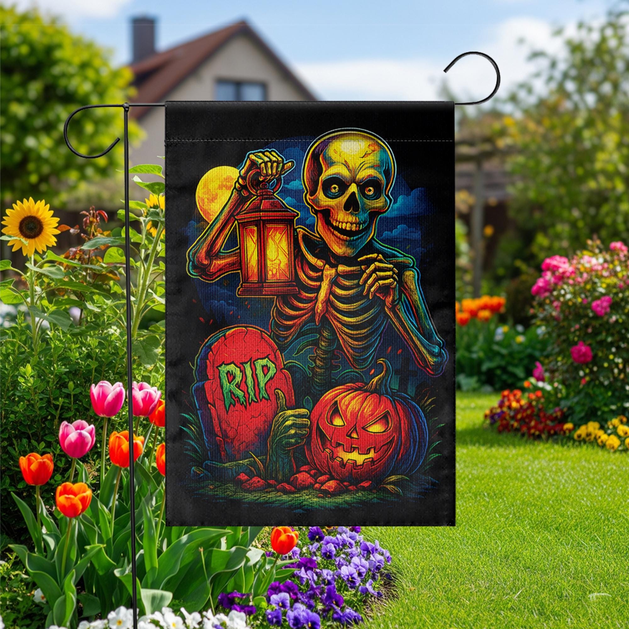 Spooky Skeleton & Pumpkin Garden Flag, Halloween Yard Decor, RIP Graveyard Jack o' Lantern, Colorful Outdoor Decoration for Porch Lawn