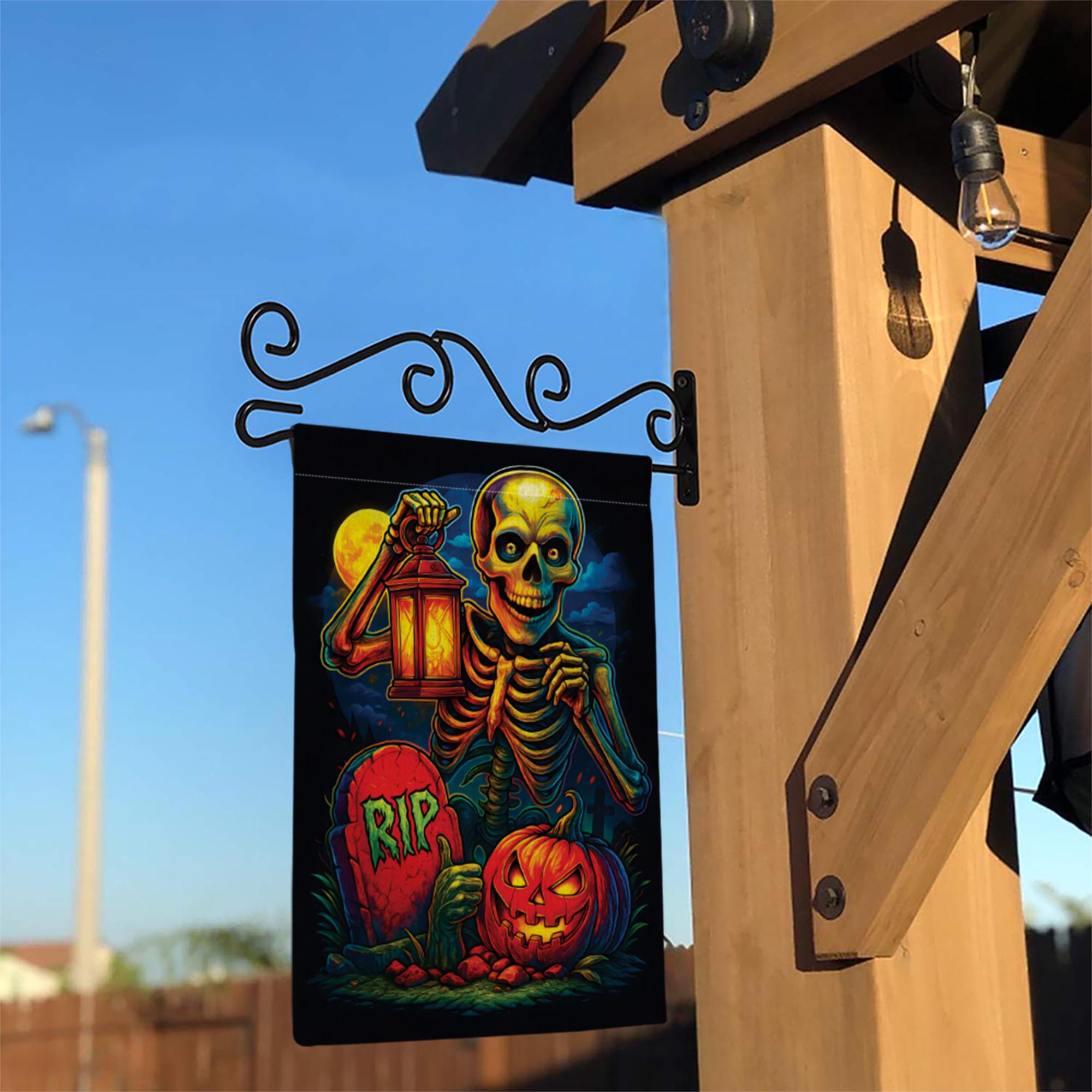 Spooky Skeleton & Pumpkin Garden Flag, Halloween Yard Decor, RIP Graveyard Jack o' Lantern, Colorful Outdoor Decoration for Porch Lawn