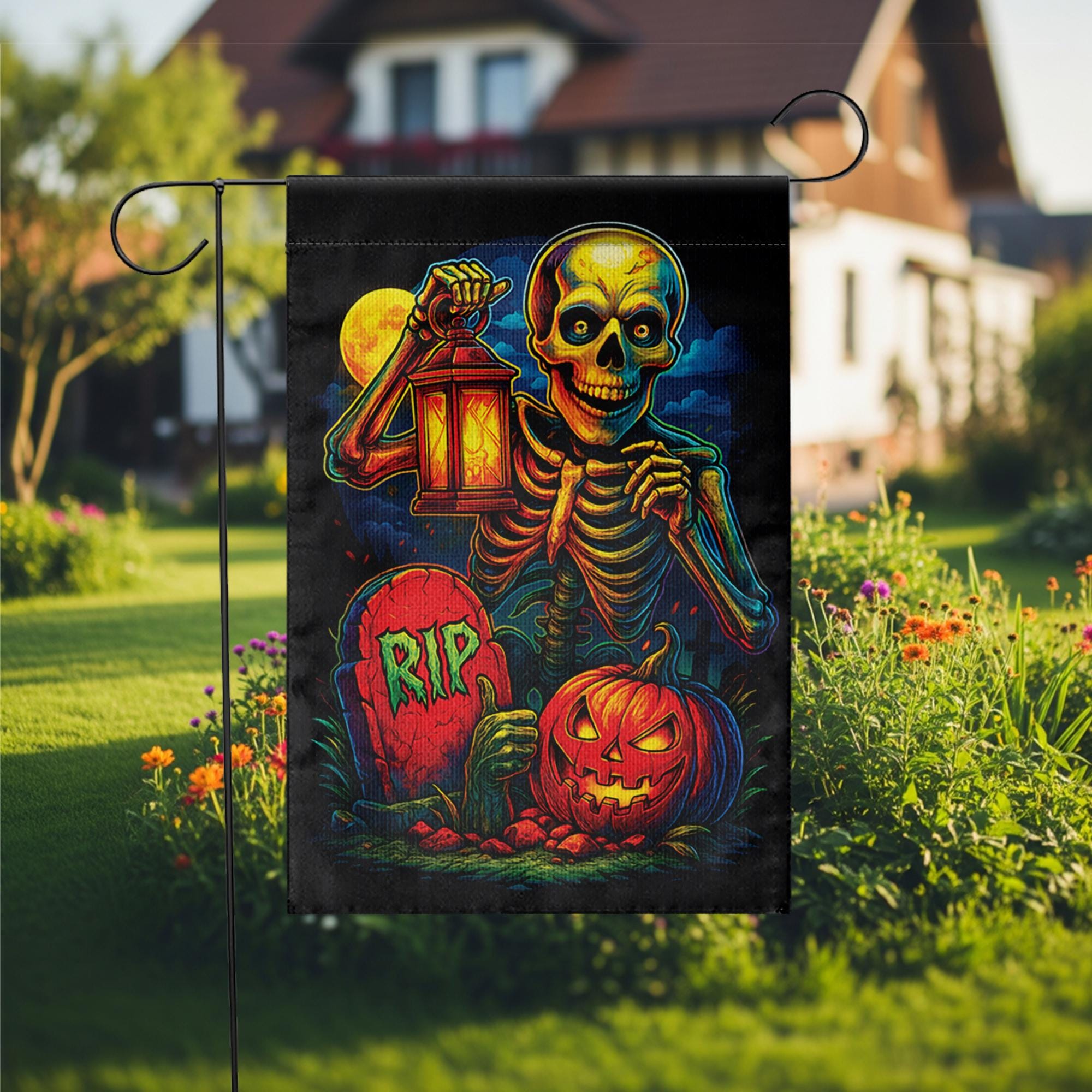 Spooky Skeleton & Pumpkin Garden Flag, Halloween Yard Decor, RIP Graveyard Jack o' Lantern, Colorful Outdoor Decoration for Porch Lawn