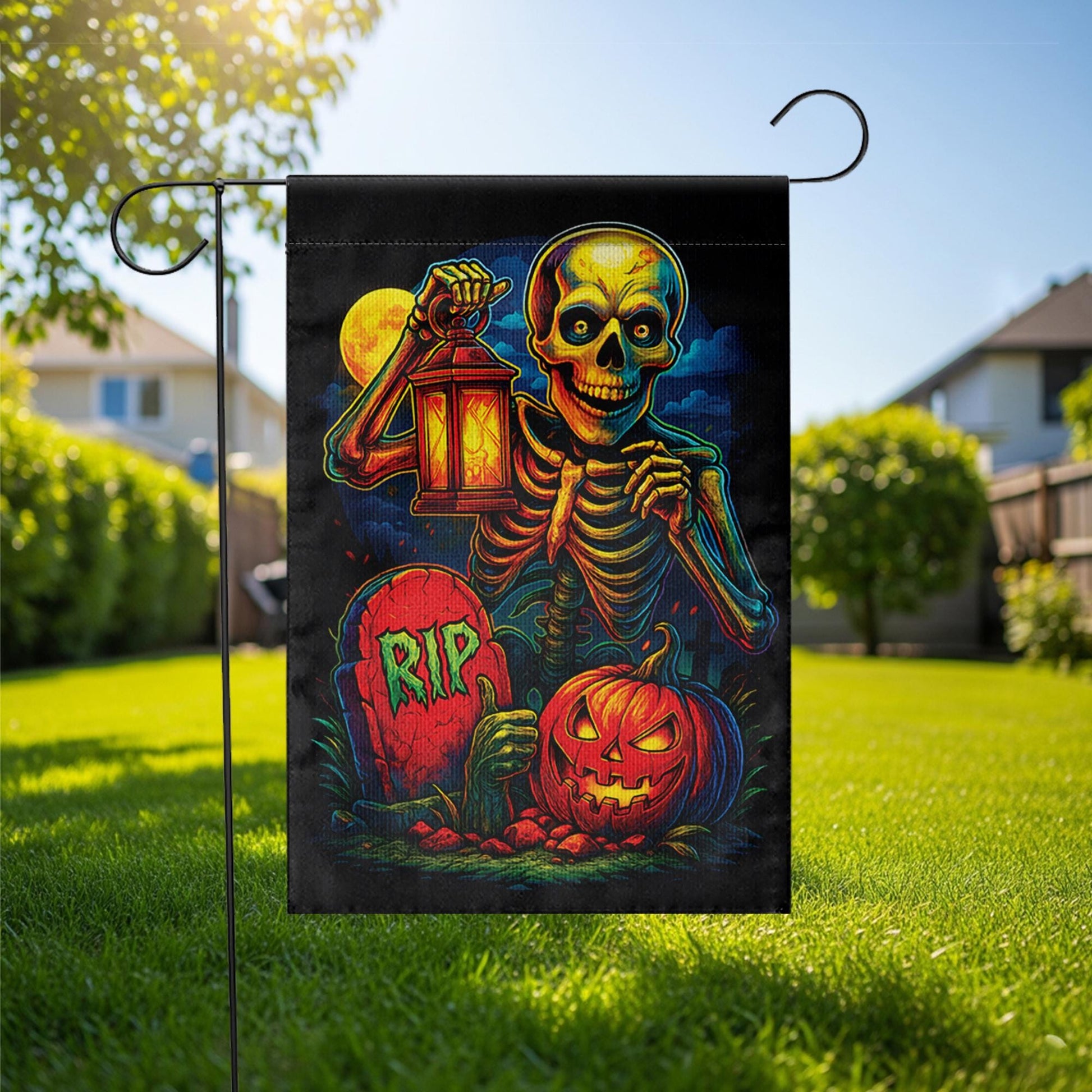 Spooky Skeleton & Pumpkin Garden Flag, Halloween Yard Decor, RIP Graveyard Jack o' Lantern, Colorful Outdoor Decoration for Porch Lawn