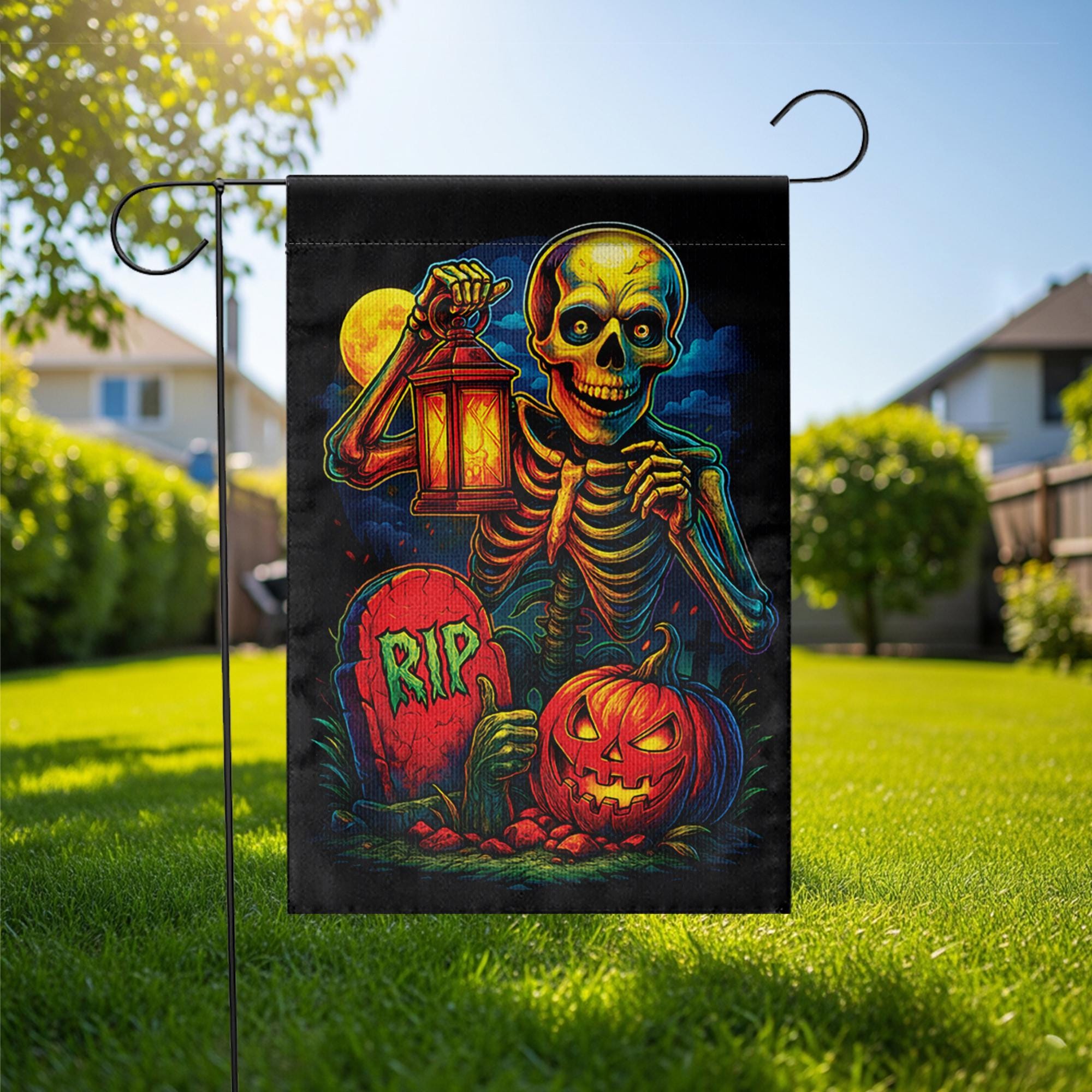 Spooky Skeleton & Pumpkin Garden Flag, Halloween Yard Decor, RIP Graveyard Jack o' Lantern, Colorful Outdoor Decoration for Porch Lawn
