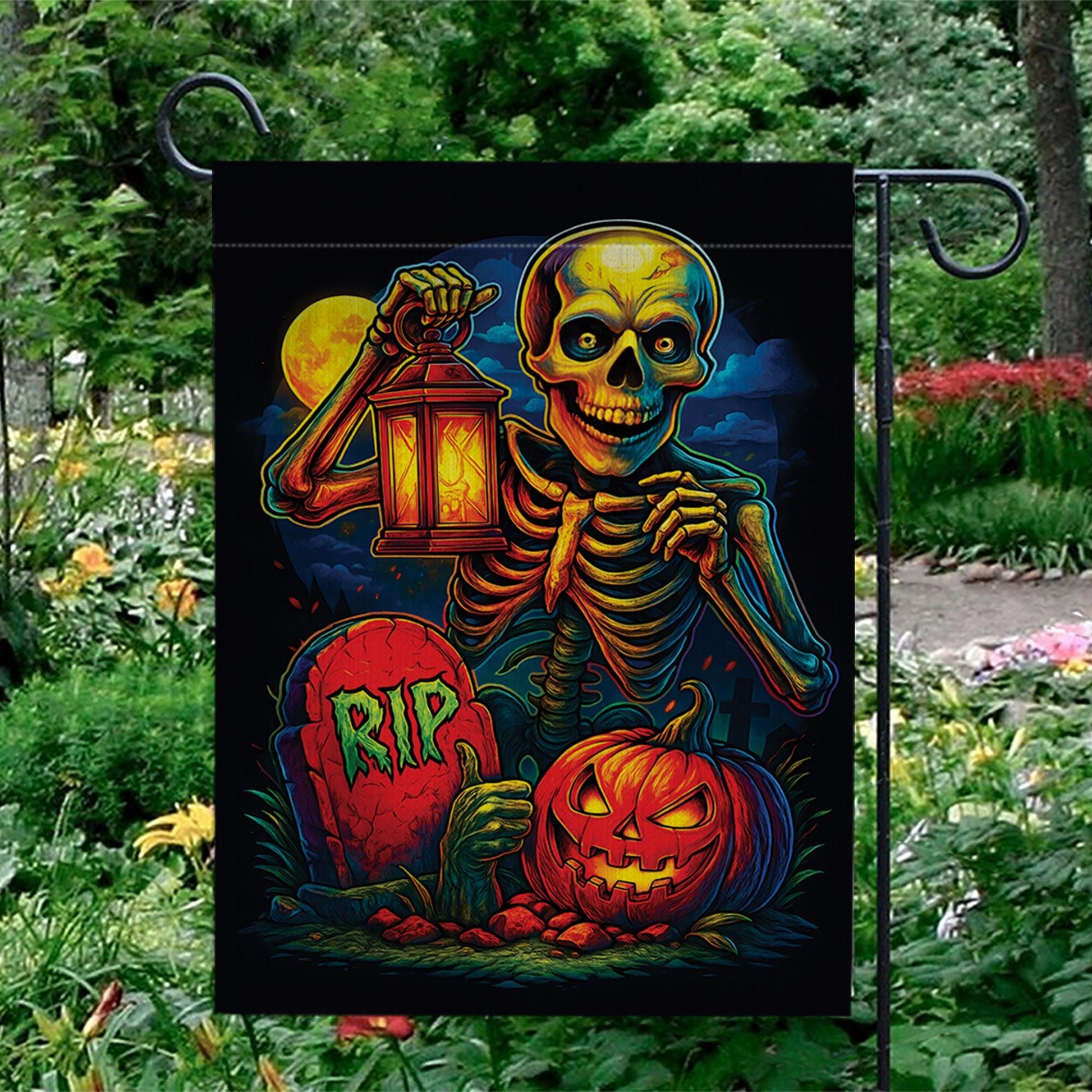 Spooky Skeleton & Pumpkin Garden Flag, Halloween Yard Decor, RIP Graveyard Jack o' Lantern, Colorful Outdoor Decoration for Porch Lawn