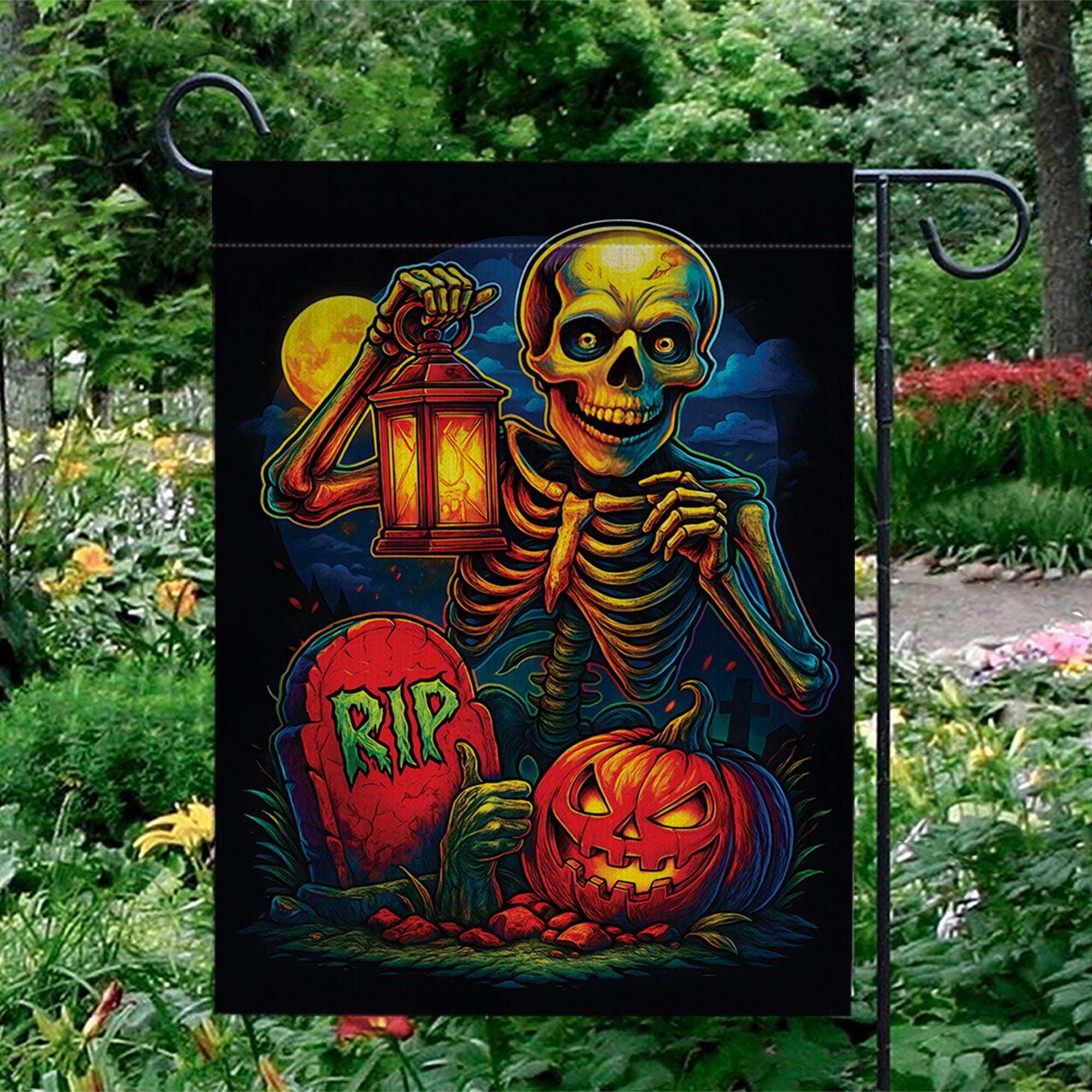Spooky Skeleton & Pumpkin Garden Flag, Halloween Yard Decor, RIP Graveyard Jack o' Lantern, Colorful Outdoor Decoration for Porch Lawn