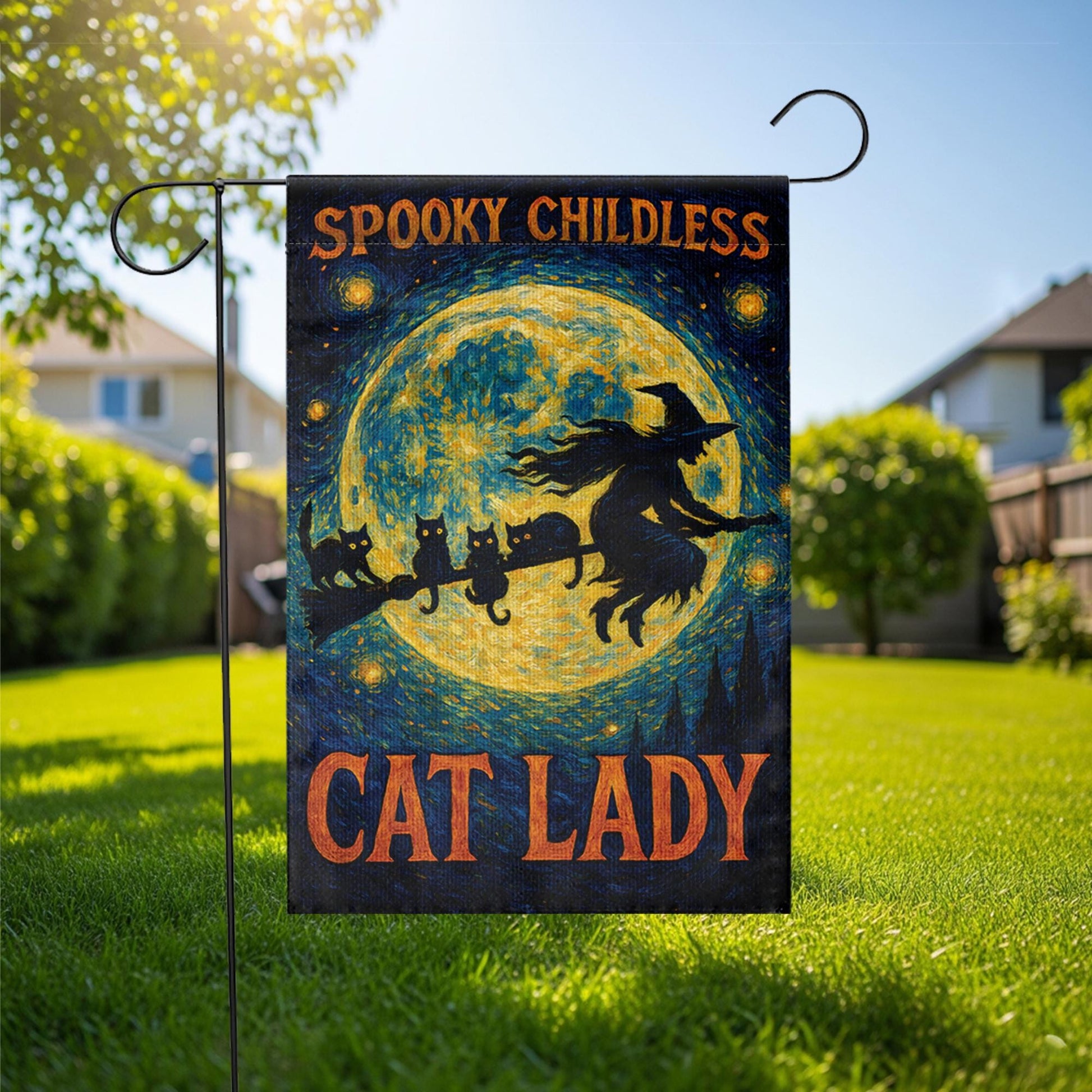 Spooky Childless Cat Lady Flag, Funny Halloween Garden Decor, Witch and Black Cat Yard Banner, Witchy Woman Gift, Spooky Porch Decor