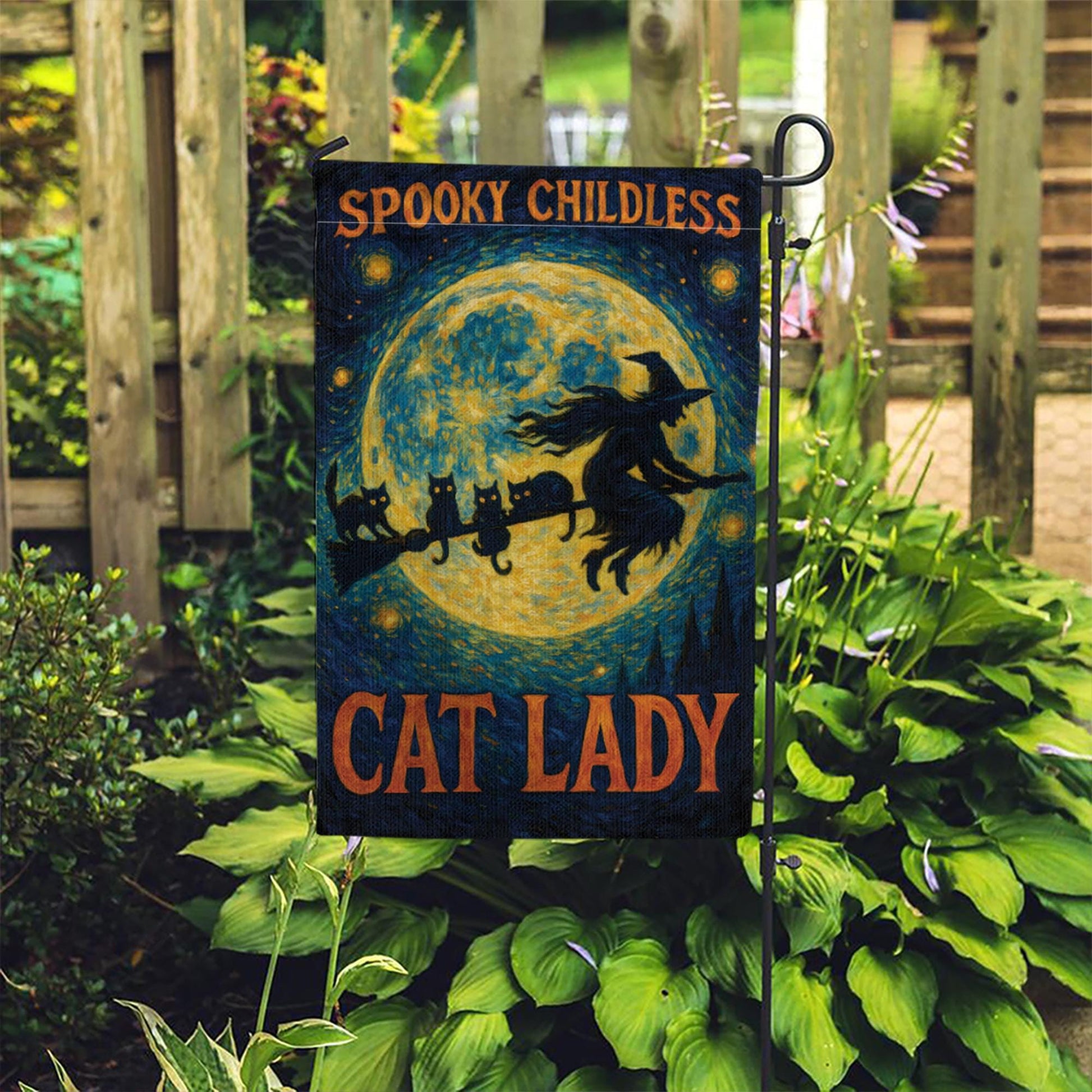 Spooky Childless Cat Lady Flag, Funny Halloween Garden Decor, Witch and Black Cat Yard Banner, Witchy Woman Gift, Spooky Porch Decor