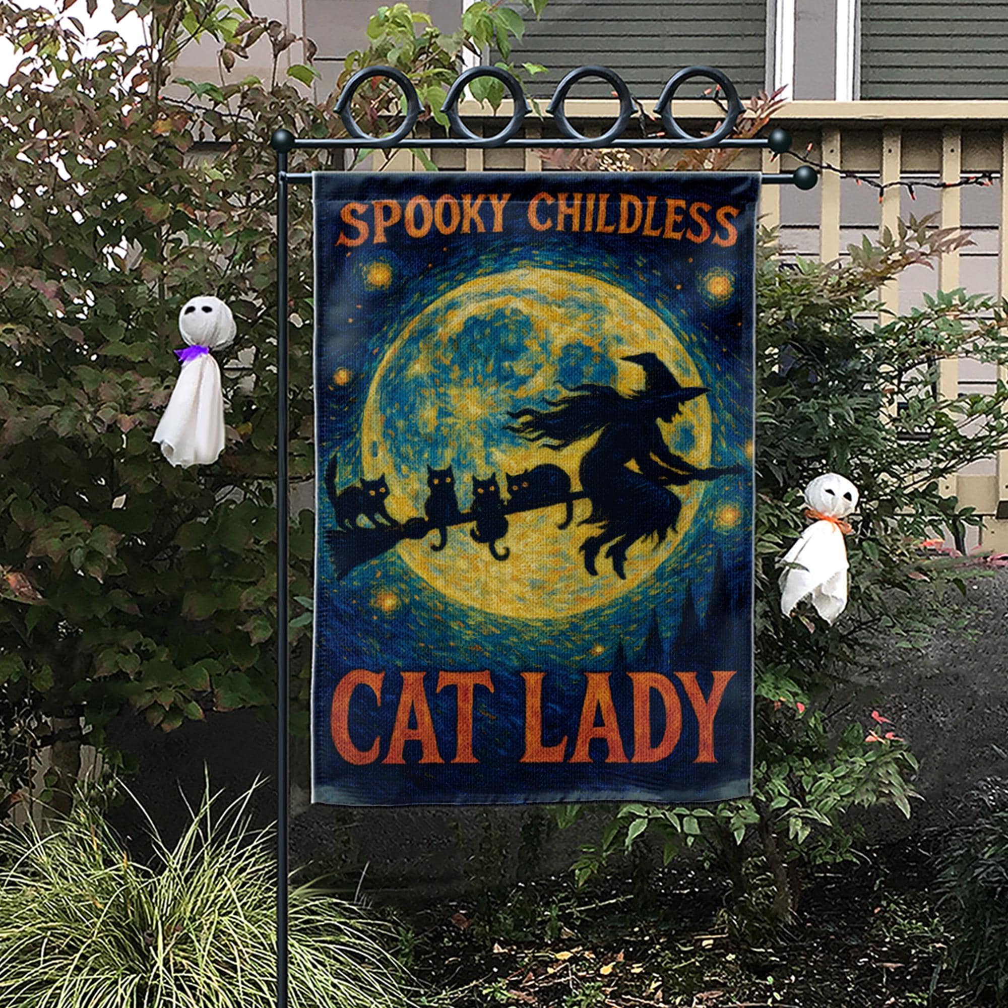 Spooky Childless Cat Lady Flag, Funny Halloween Garden Decor, Witch and Black Cat Yard Banner, Witchy Woman Gift, Spooky Porch Decor