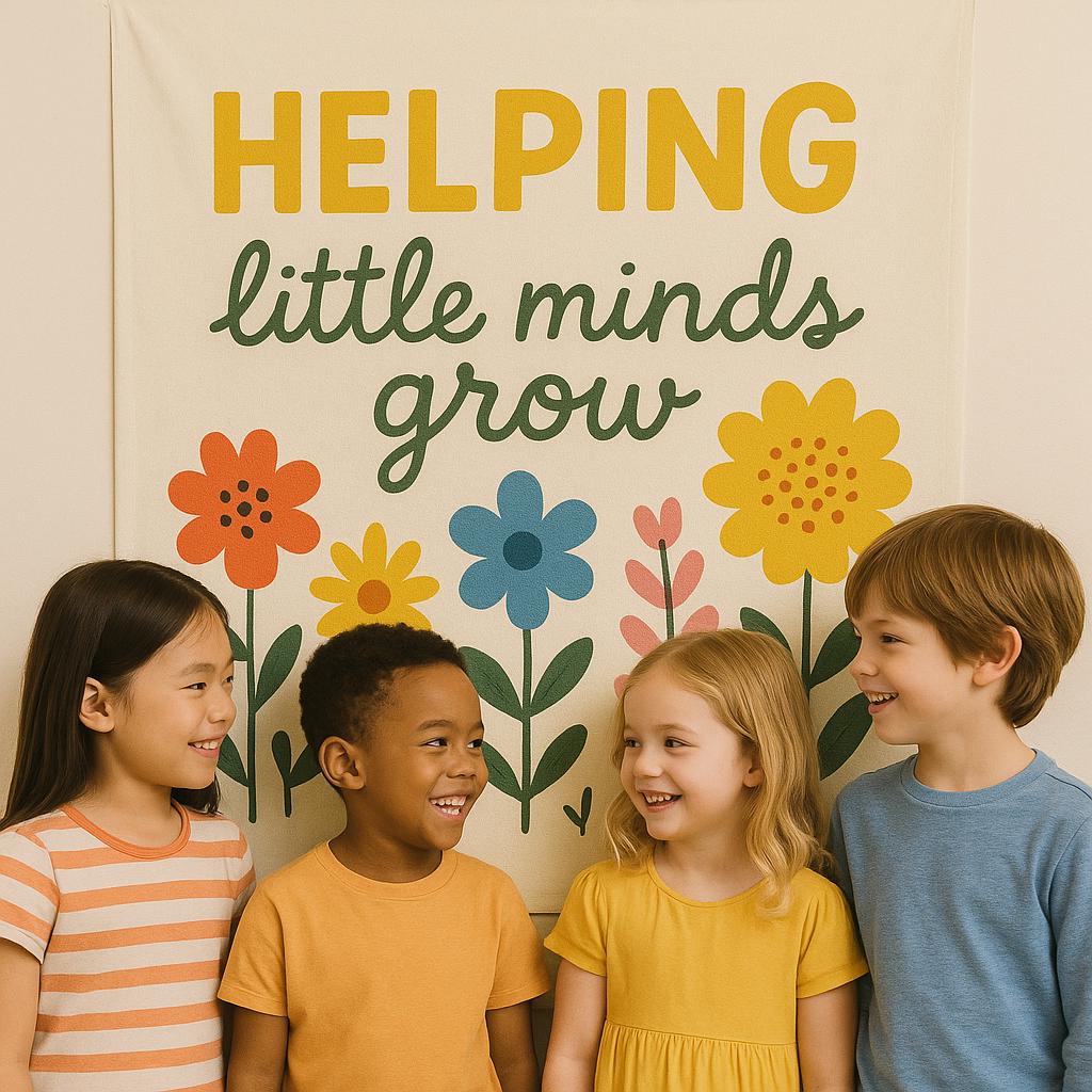 Helping Little Minds Grow Tapestry, Teacher Classroom Wall Decor, Educational Flower Banner, Preschool or Kindergarten Poster Art