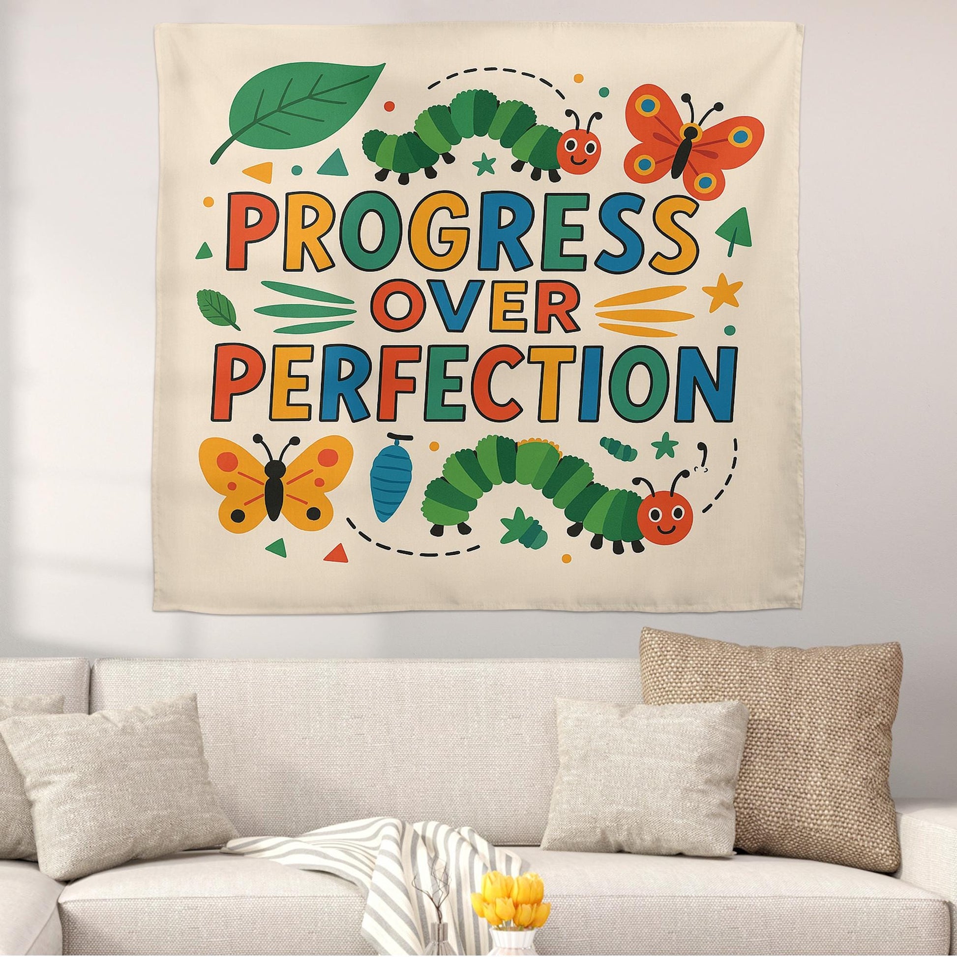 Progress Over Perfection Classroom Tapestry - Inspirational Back to School Decor, Motivational Teacher Wall Art, Growth Mindset Banner