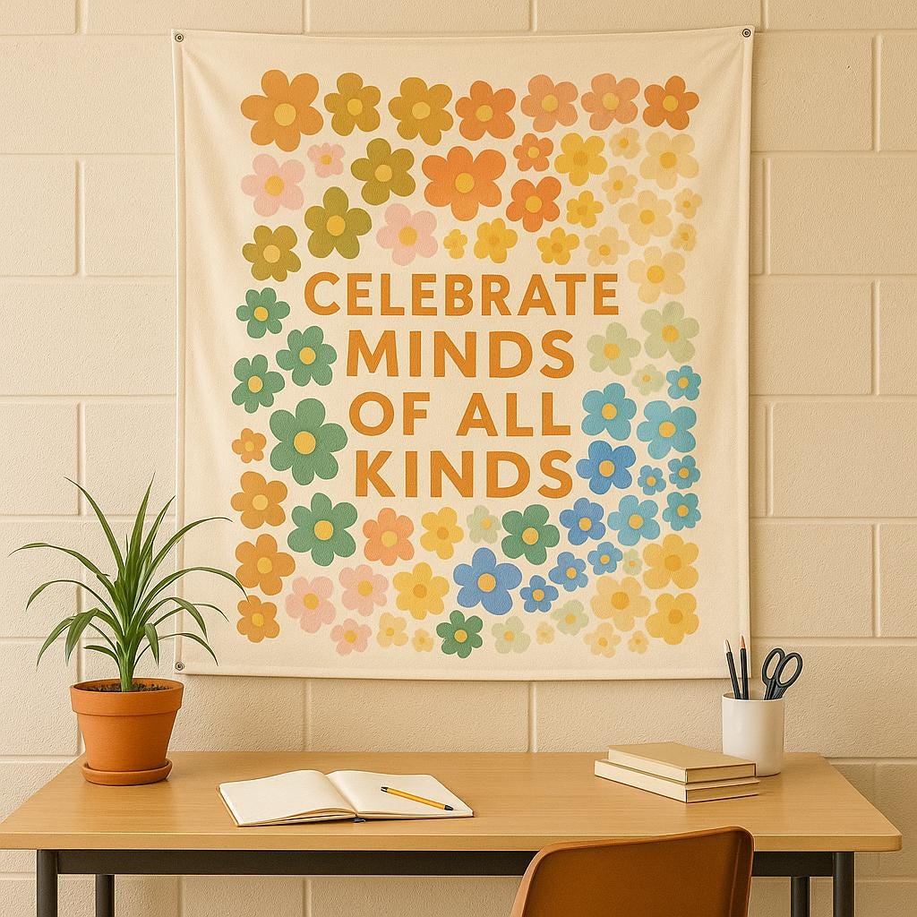 Celebrate Minds of All Kinds Tapestry, Inclusive Classroom Wall Decor, Neurodiversity Poster, Colorful Teacher Banner for School