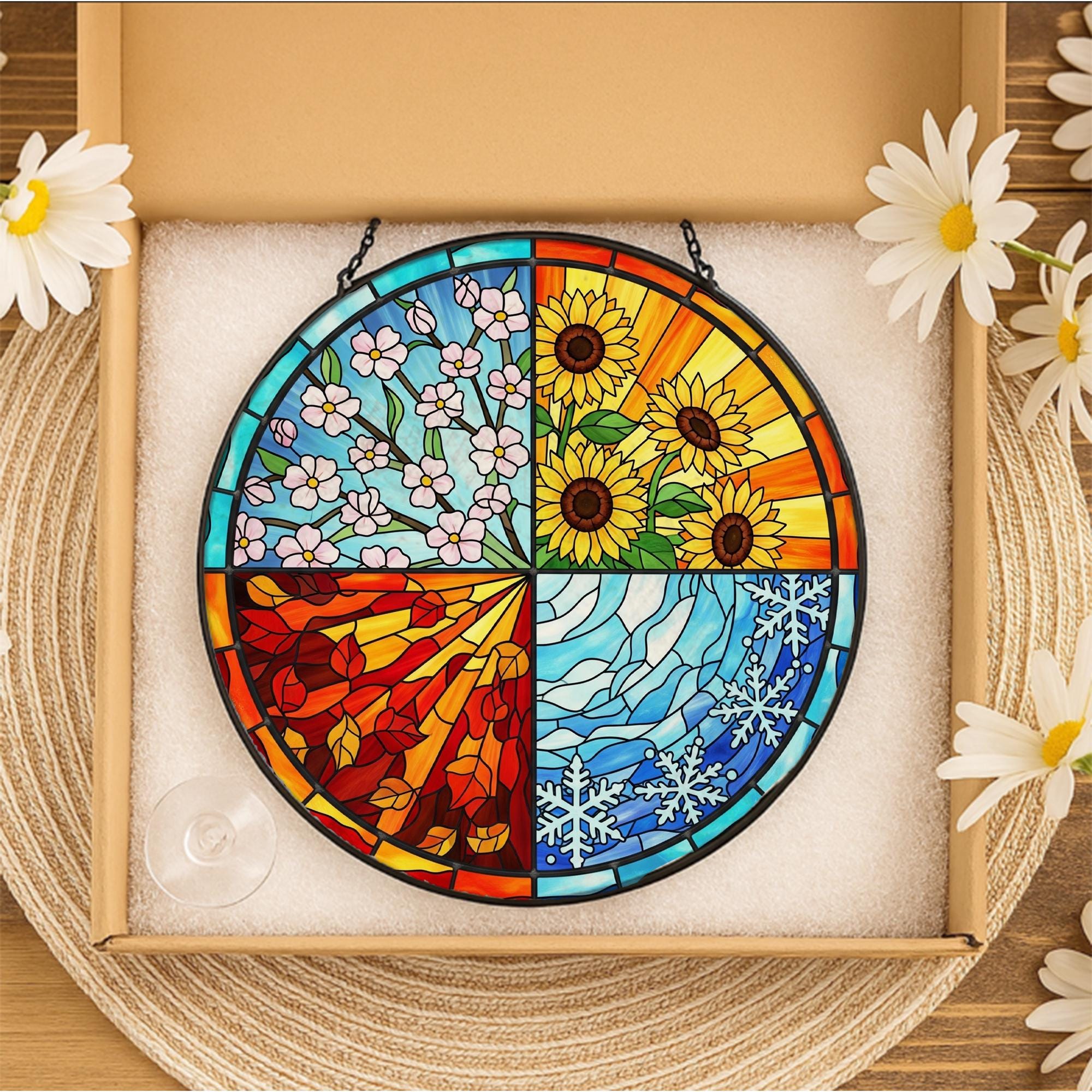 Four Seasons Stained Glass Suncatcher – Nature Window Hanging, Fall Decor, Tis The Season Decor Gift, Jesus Made Christian Gift