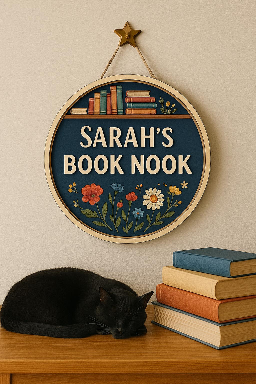 Custom Book Nook Door Hanger, Personalized Reading Corner Sign with Floral & Bookshelf Design, Cozy Gift for Book Lovers and Readers