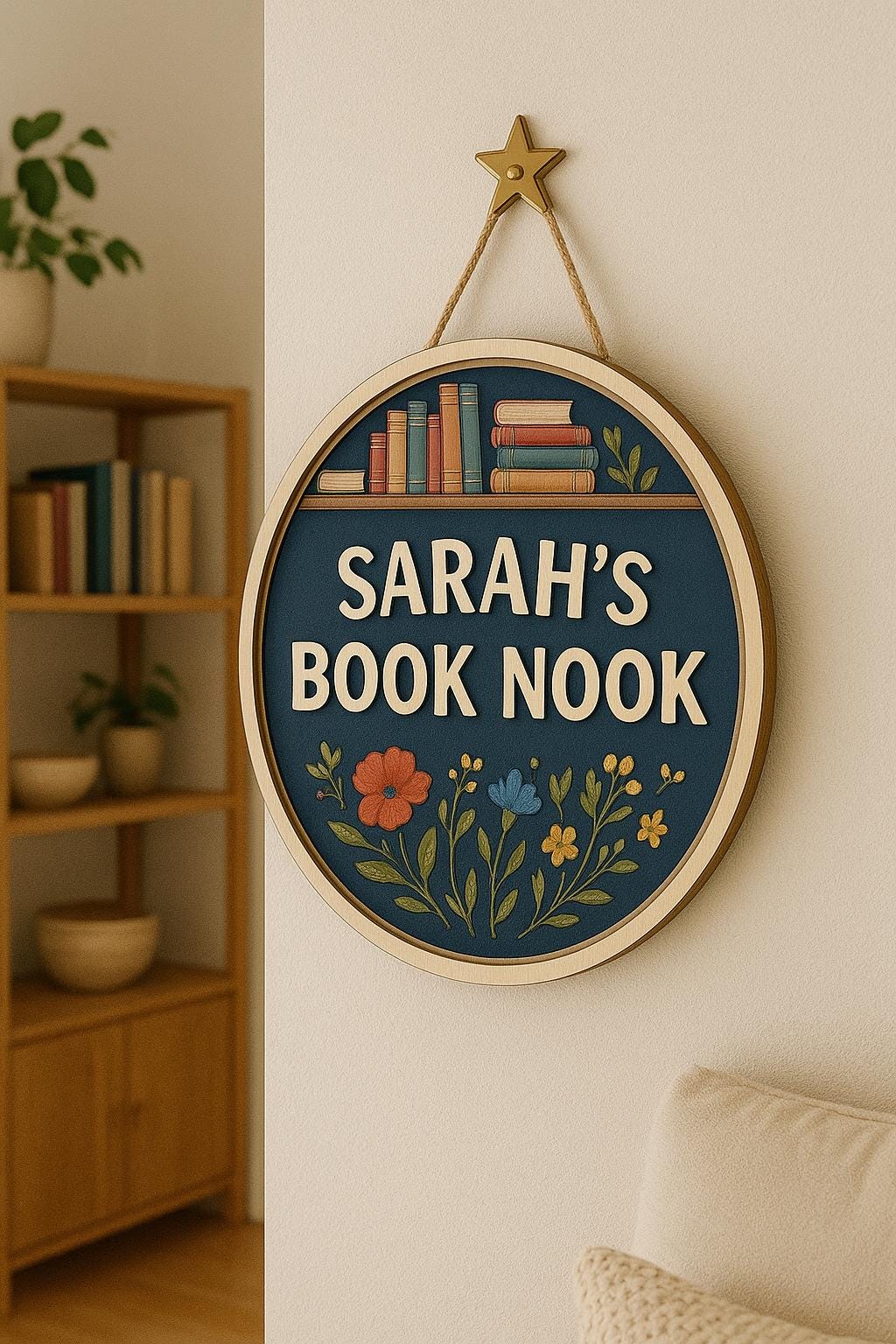 Custom Book Nook Door Hanger, Personalized Reading Corner Sign with Floral & Bookshelf Design, Cozy Gift for Book Lovers and Readers