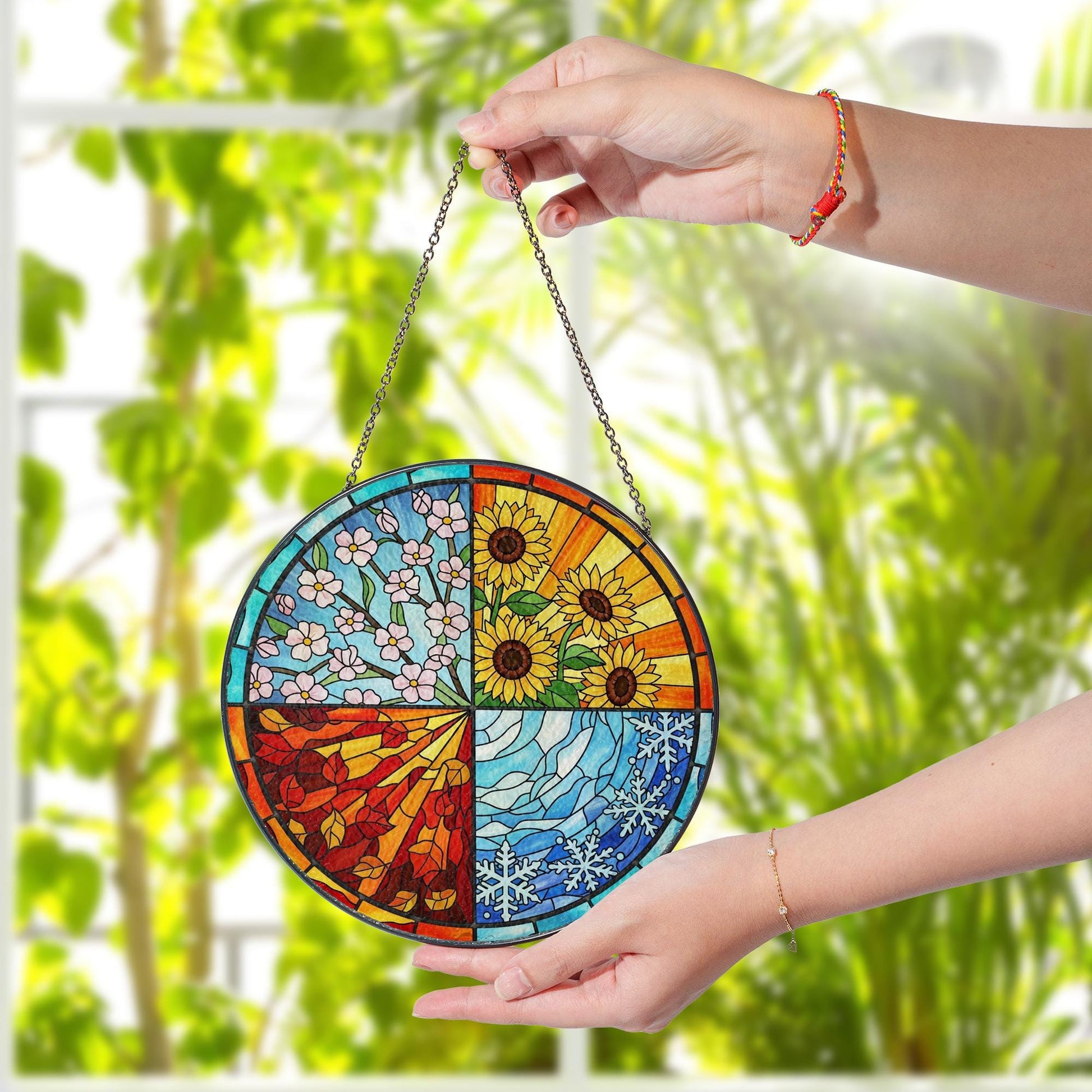 Four Seasons Stained Glass Suncatcher – Nature Window Hanging, Fall Decor, Tis The Season Decor Gift, Jesus Made Christian Gift