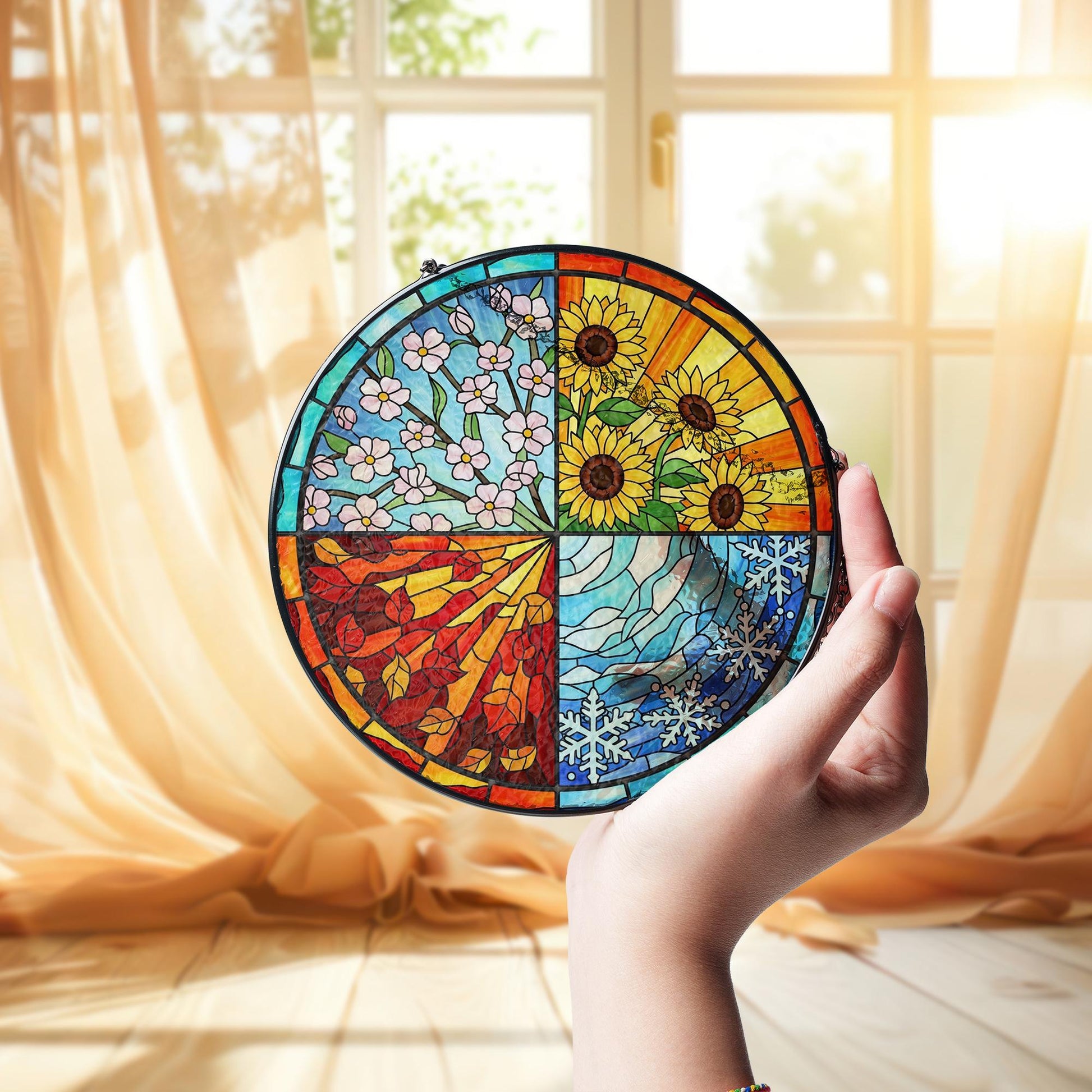 Four Seasons Stained Glass Suncatcher – Nature Window Hanging, Fall Decor, Tis The Season Decor Gift, Jesus Made Christian Gift