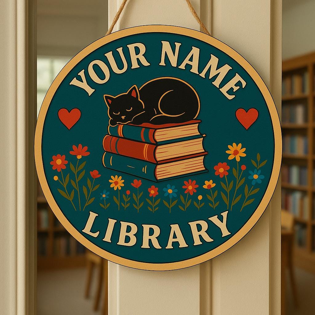 Custom Library Door Sign with Cat and Books, Personalized Round Name Plaque for Home Library or Reading Room, Book Lover Gift Decor