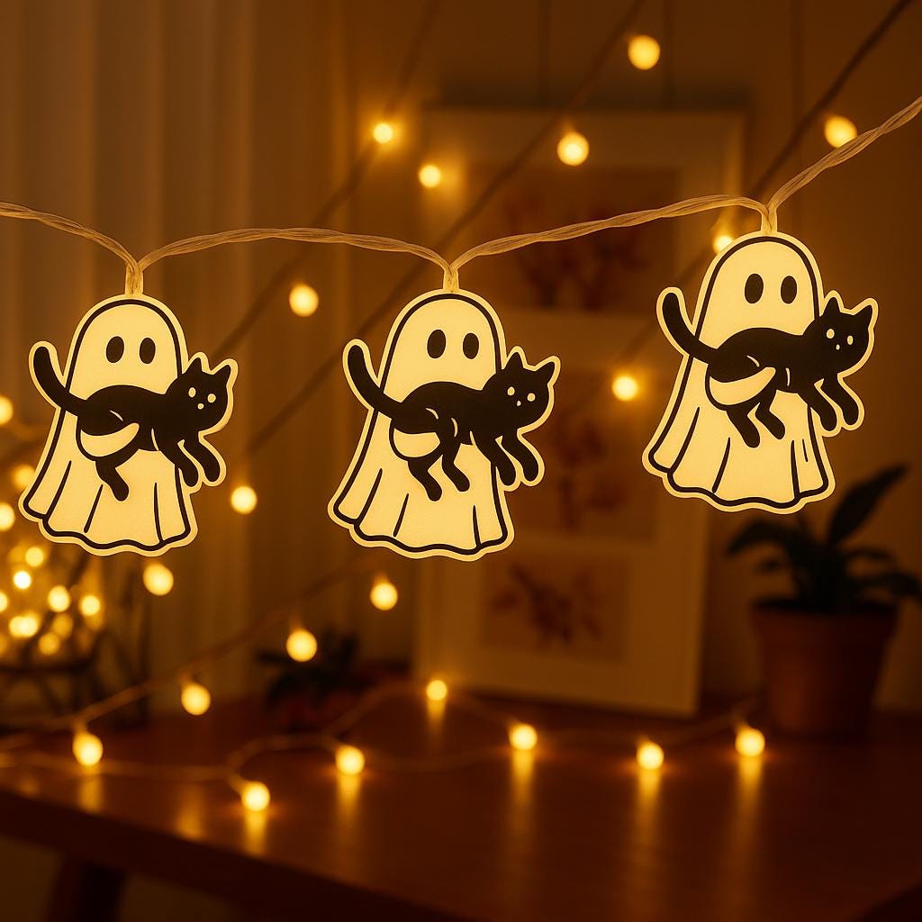 Spooky Ghost & Black Cat String Lights, Halloween Garland for Cat Lovers, Cute Light Up Ghost Decor, Indoor Fall Party Decoration