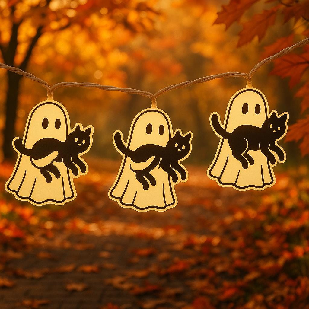 Spooky Ghost & Black Cat String Lights, Halloween Garland for Cat Lovers, Cute Light Up Ghost Decor, Indoor Fall Party Decoration