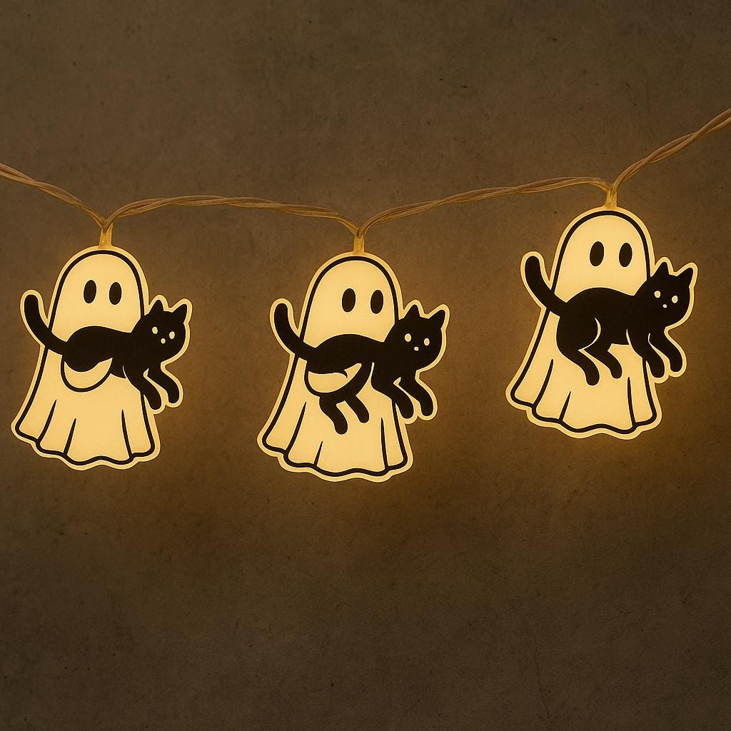 Spooky Ghost & Black Cat String Lights, Halloween Garland for Cat Lovers, Cute Light Up Ghost Decor, Indoor Fall Party Decoration