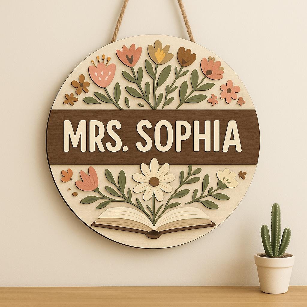 Custom Teacher Door Sign with Name, Floral Classroom Wall Decor, Personalized Wood Round Sign for School, Reading Nook or Office