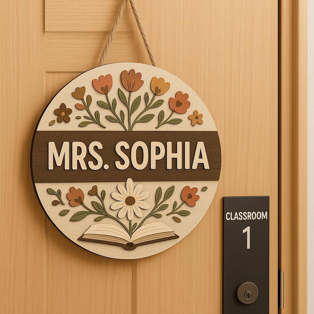 Custom Teacher Door Sign with Name, Floral Classroom Wall Decor, Personalized Wood Round Sign for School, Reading Nook or Office