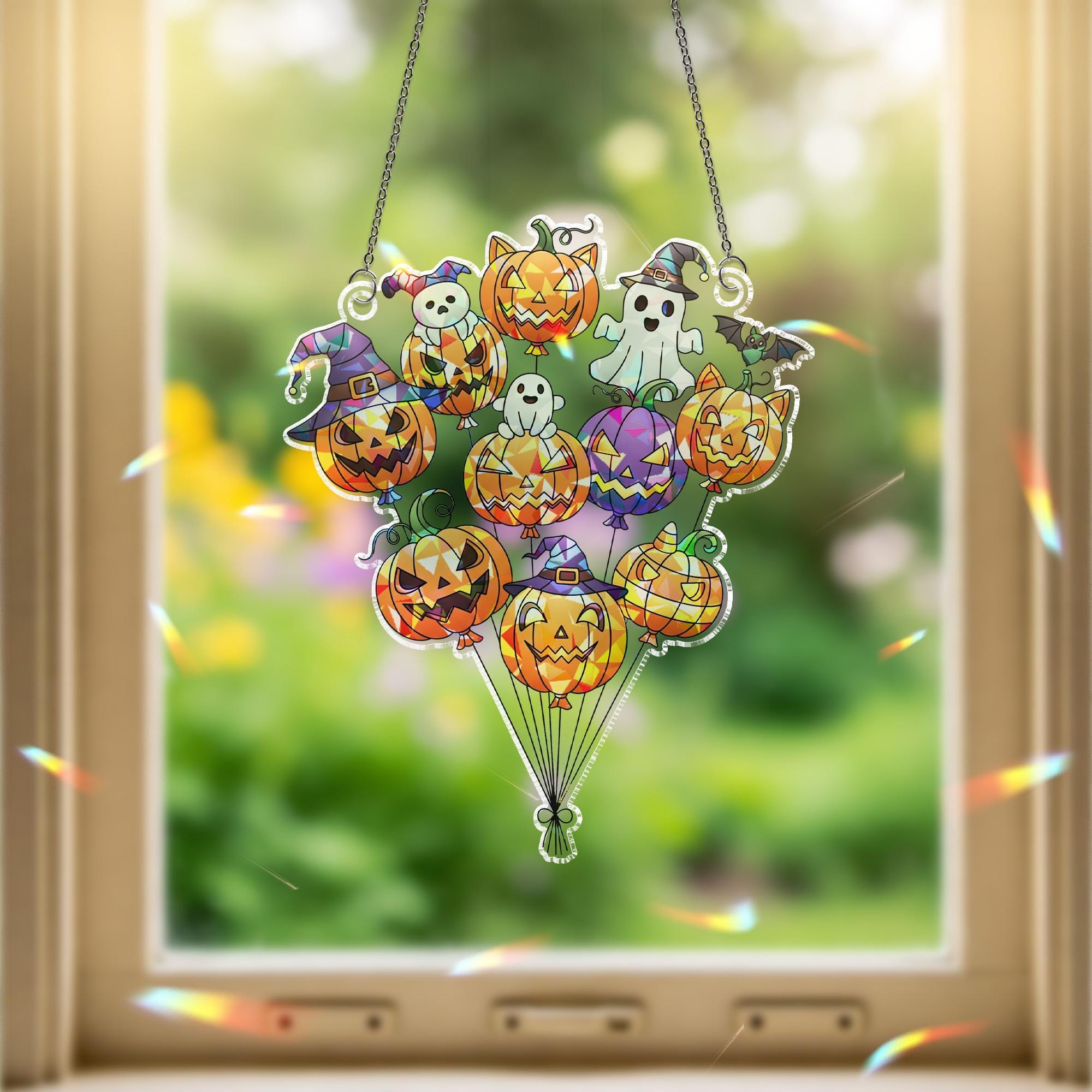 Halloween Pumpkin Ghost Balloon Suncatcher | Cute Spooky Window Decor | Witchy Jack O Lantern Sun Catcher | Fall Gothic Home Gift