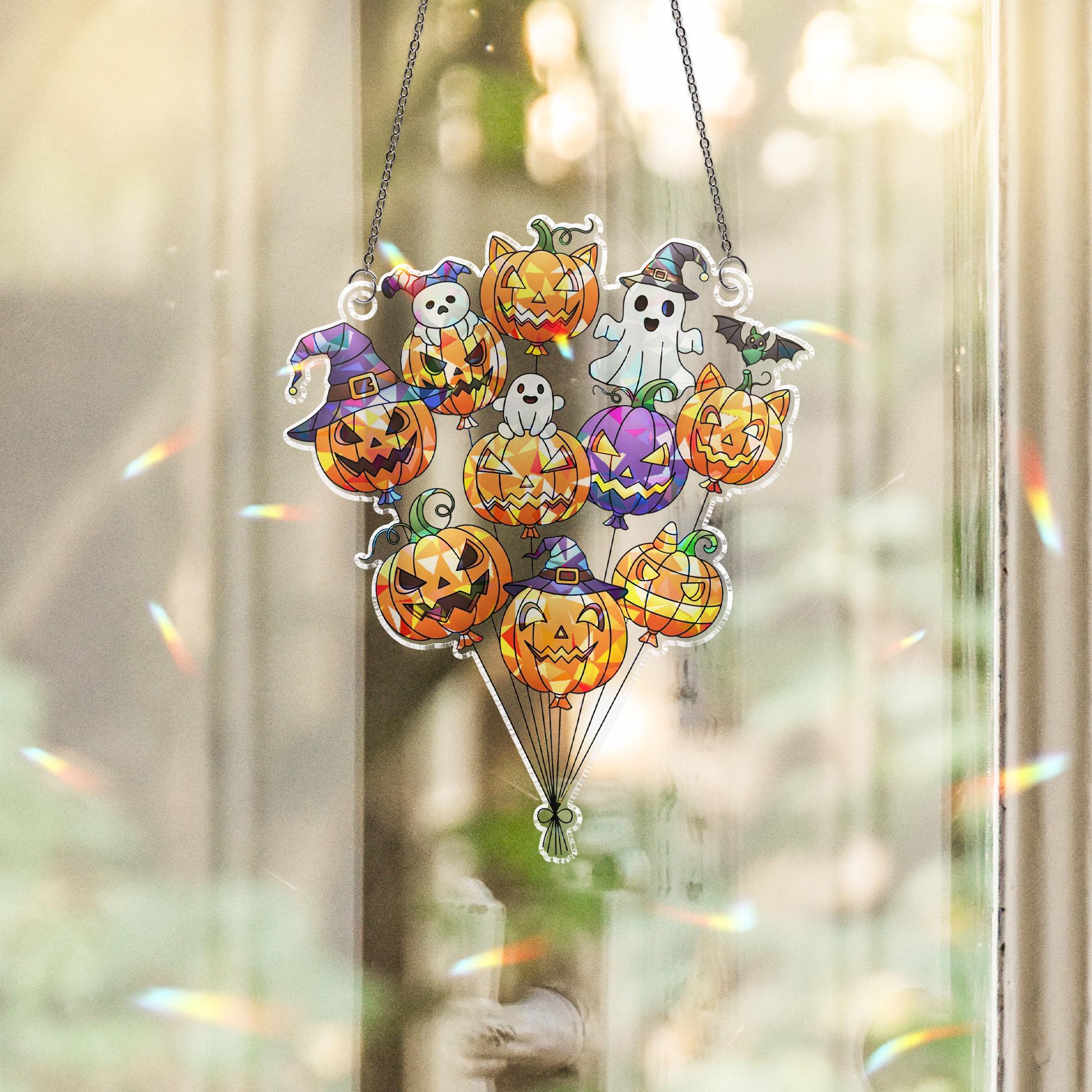 Halloween Pumpkin Ghost Balloon Suncatcher | Cute Spooky Window Decor | Witchy Jack O Lantern Sun Catcher | Fall Gothic Home Gift