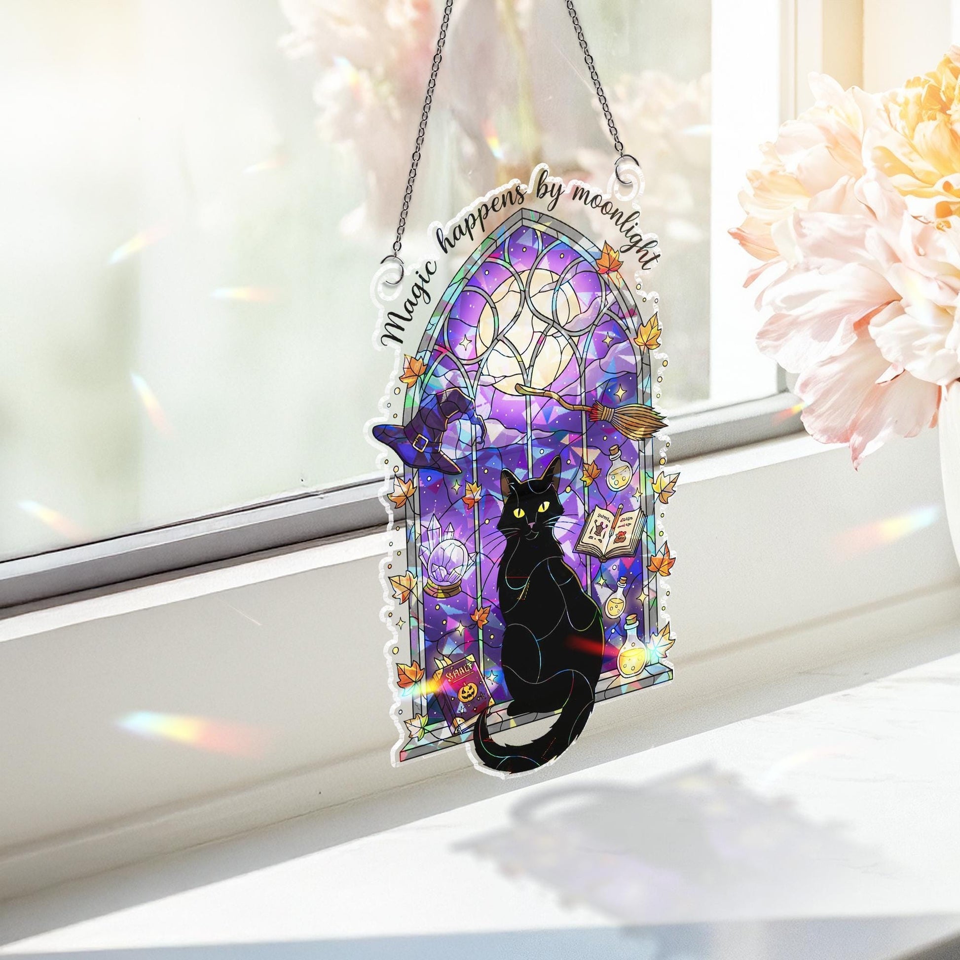 Black Cat Witch Window Suncatcher | Magic Happens by Moonlight | Gothic Halloween Decor | Witchy Cat Stained Glass Gift
