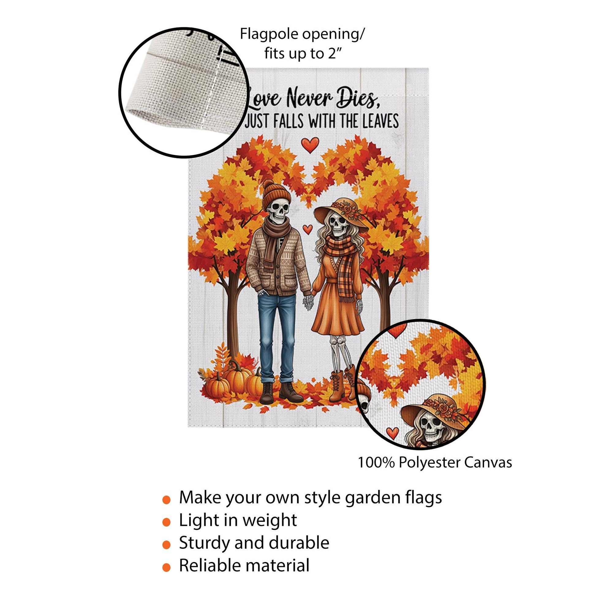 Skeleton Couple Fall Garden Flag | Love Never Dies Autumn Decor | Halloween Romantic Yard Sign | Spooky Fall Outdoor Gift