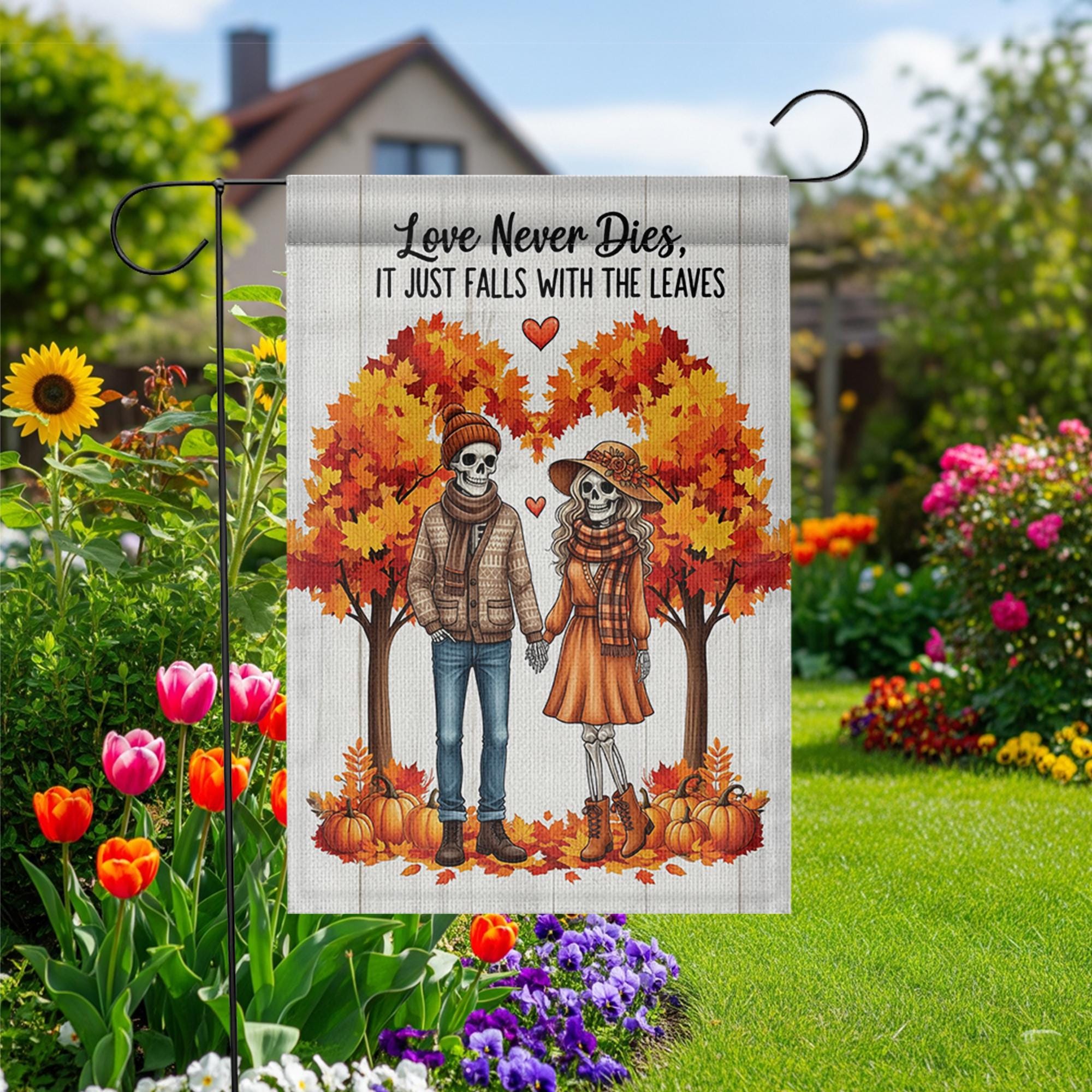 Skeleton Couple Fall Garden Flag | Love Never Dies Autumn Decor | Halloween Romantic Yard Sign | Spooky Fall Outdoor Gift
