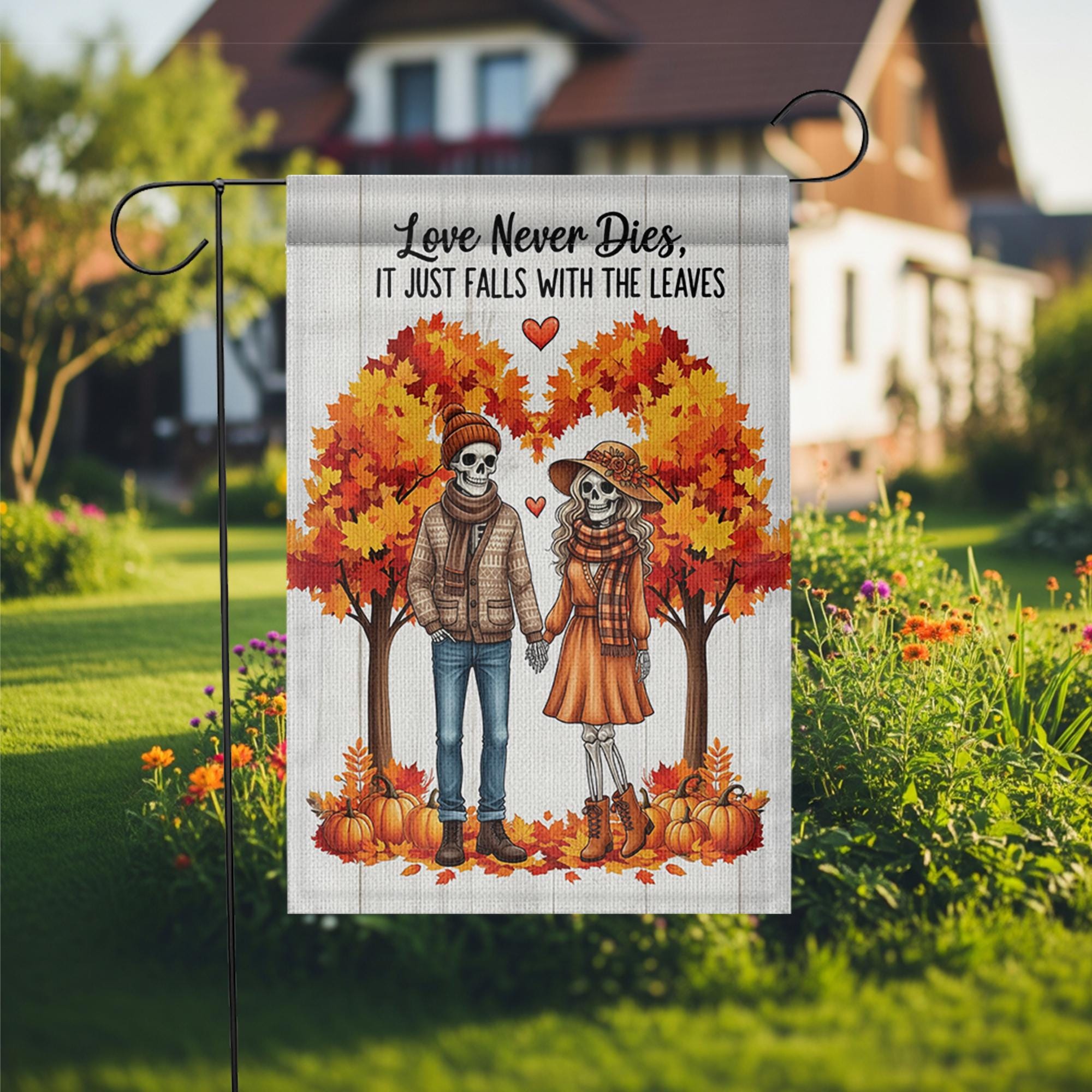 Skeleton Couple Fall Garden Flag | Love Never Dies Autumn Decor | Halloween Romantic Yard Sign | Spooky Fall Outdoor Gift
