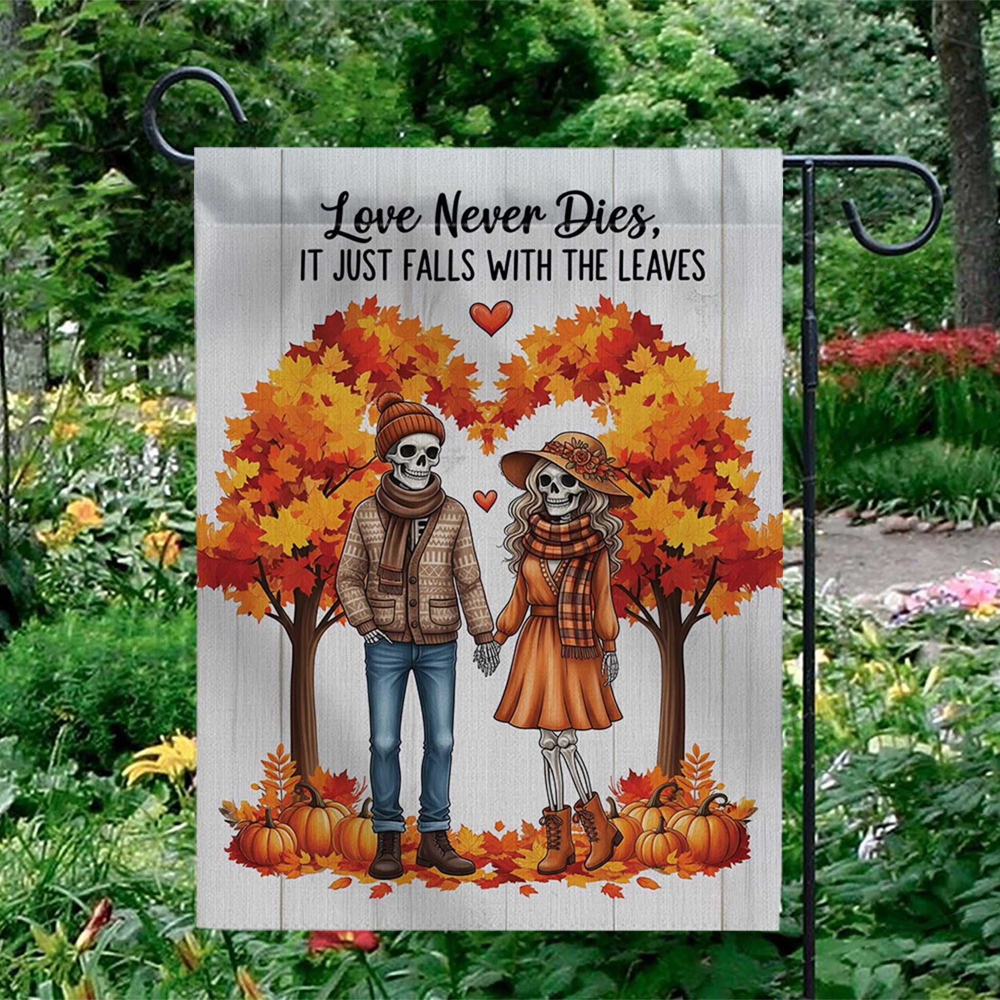 Skeleton Couple Fall Garden Flag | Love Never Dies Autumn Decor | Halloween Romantic Yard Sign | Spooky Fall Outdoor Gift